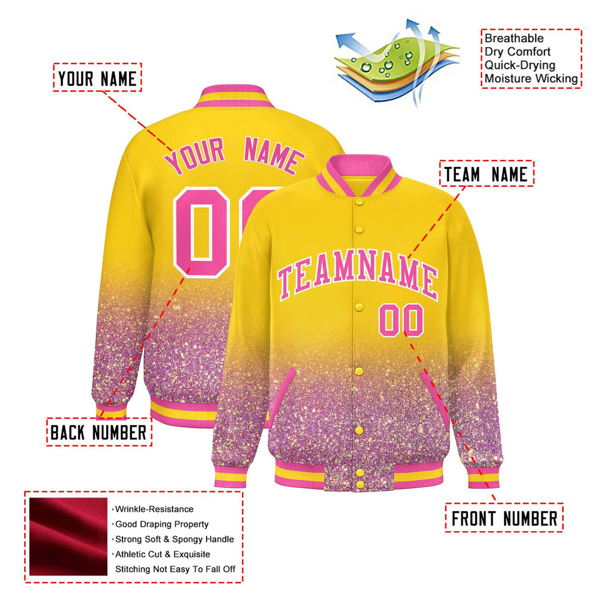 Custom Gold Varsity Full-Snap Sequins Pattern Letterman Baseball Jacket