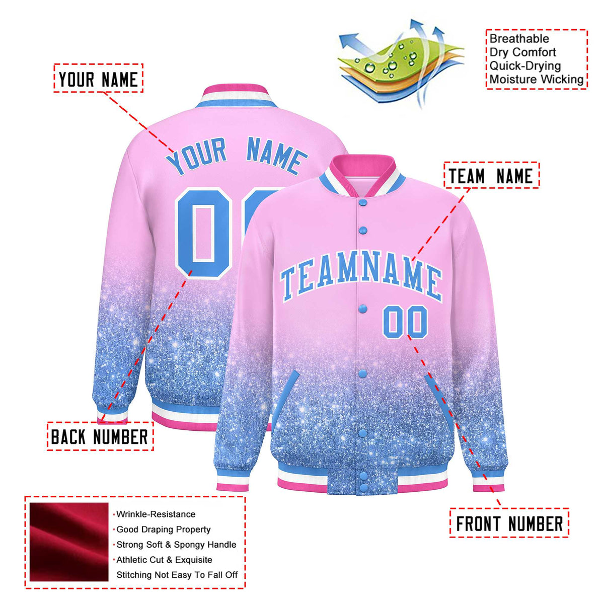 Custom Light Pink Varsity Full-Snap Sequins Pattern Letterman Baseball Jacket