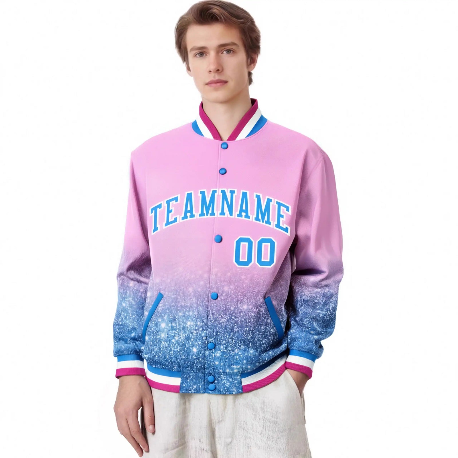 Custom Light Pink Varsity Full-Snap Sequins Pattern Letterman Baseball Jacket