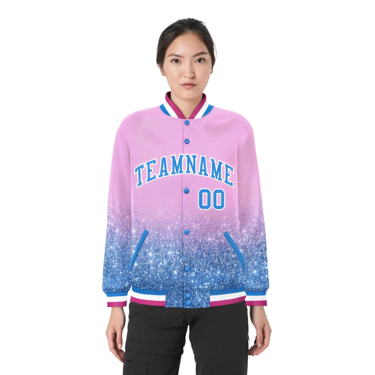 Custom Light Pink Varsity Full-Snap Sequins Pattern Letterman Baseball Jacket