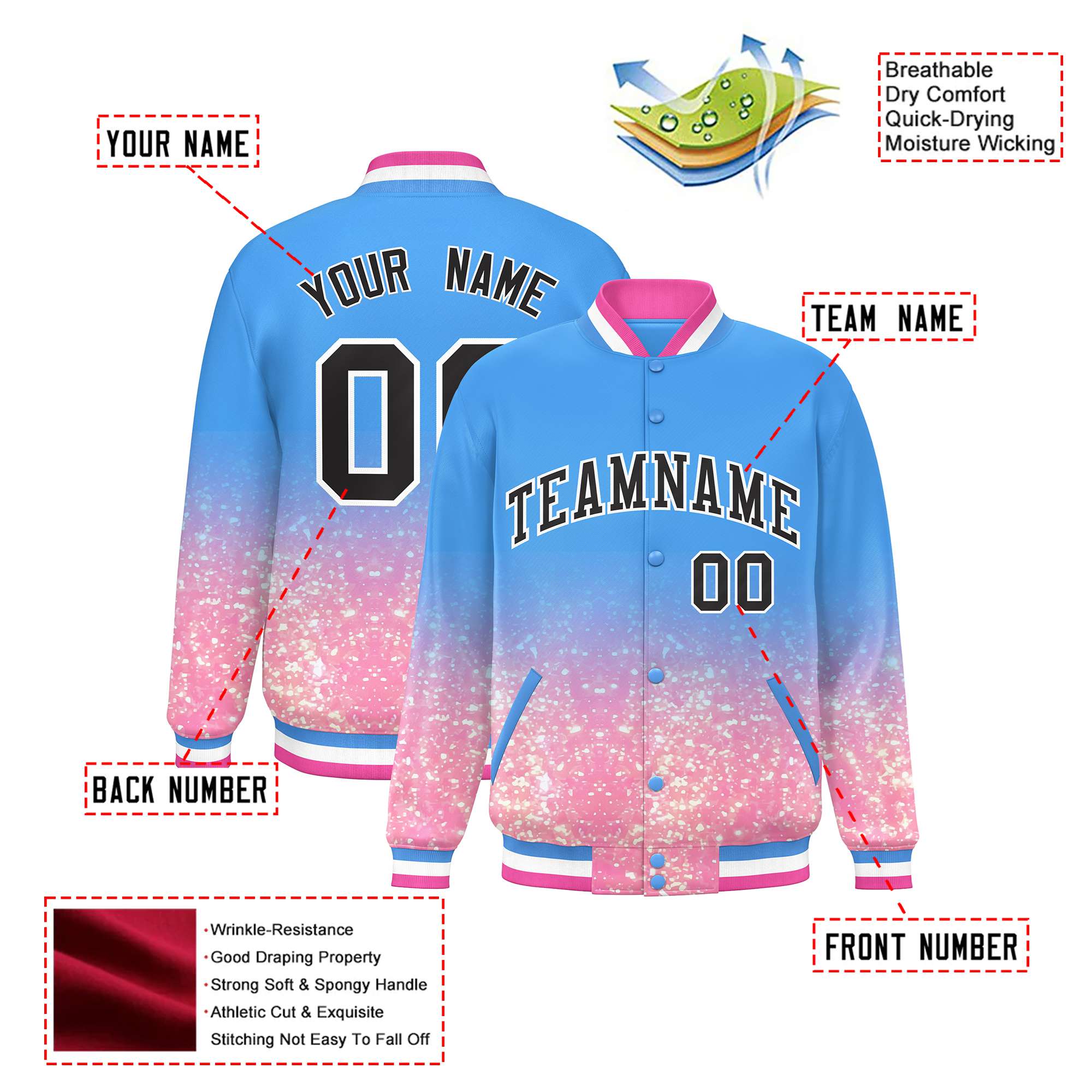 Custom Powder Blue Varsity Full-Snap Sequins Pattern Letterman Baseball Jacket