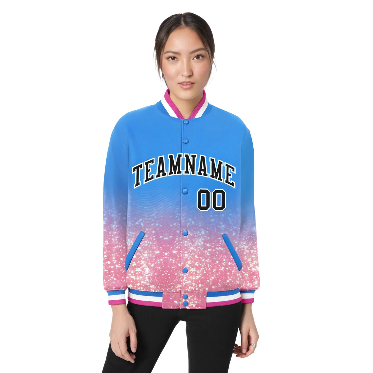 Custom Powder Blue Varsity Full-Snap Sequins Pattern Letterman Baseball Jacket