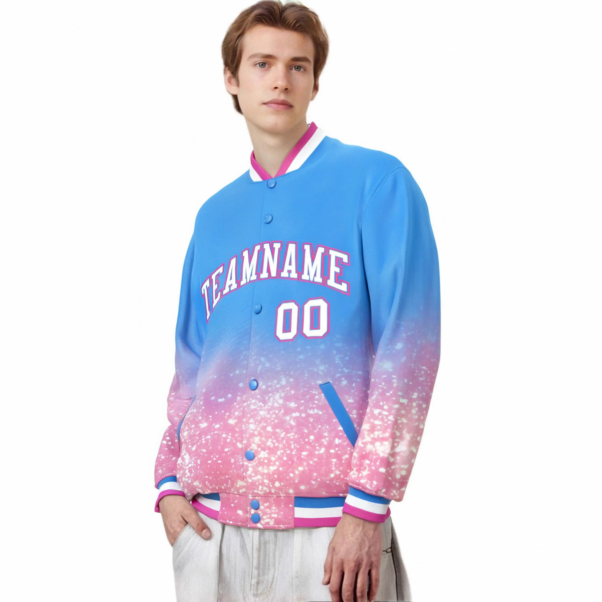 Custom Powder Blue Varsity Full-Snap Sequins Pattern Letterman Baseball Jacket