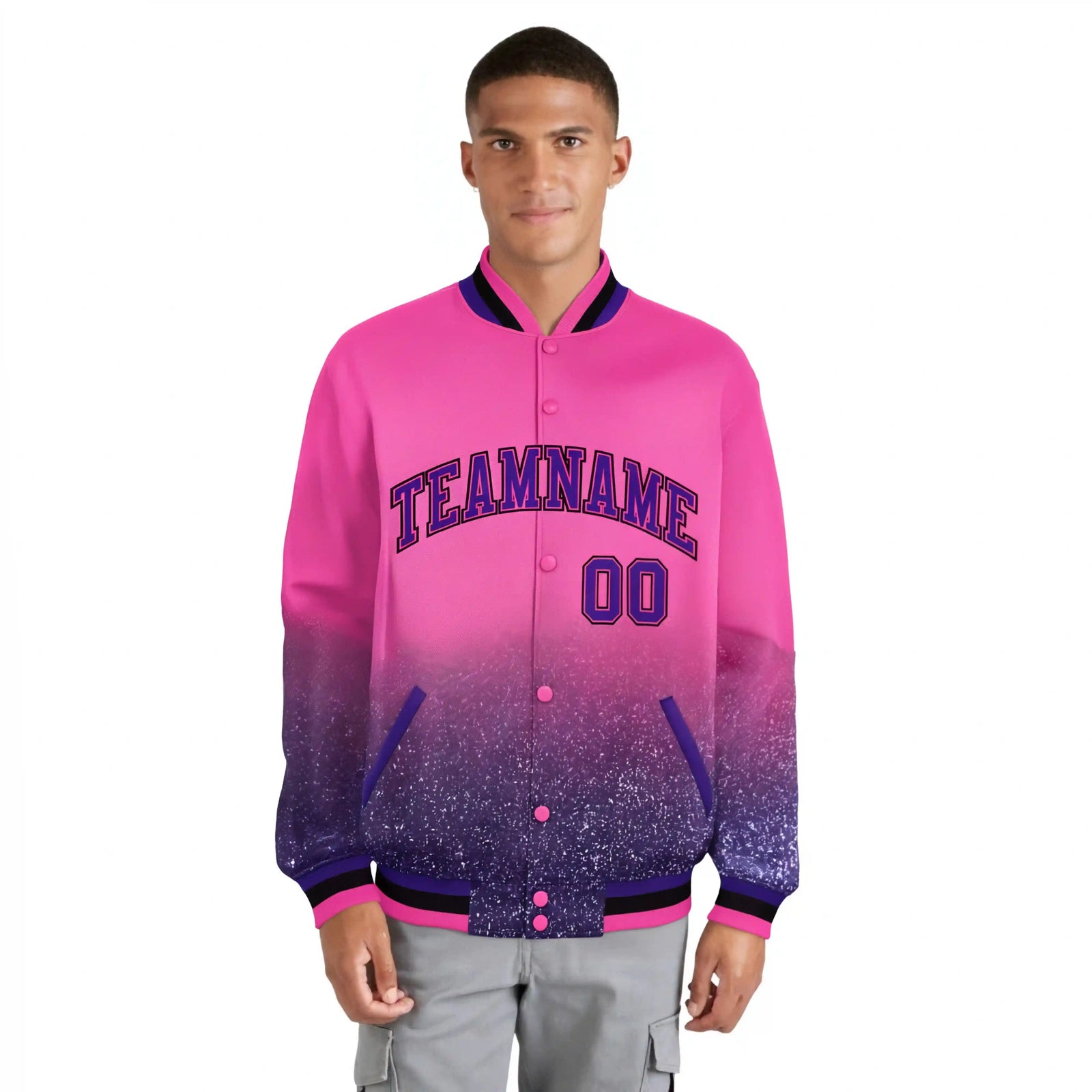 Custom Pink Varsity Full-Snap Sequins Pattern Letterman Baseball Jacket