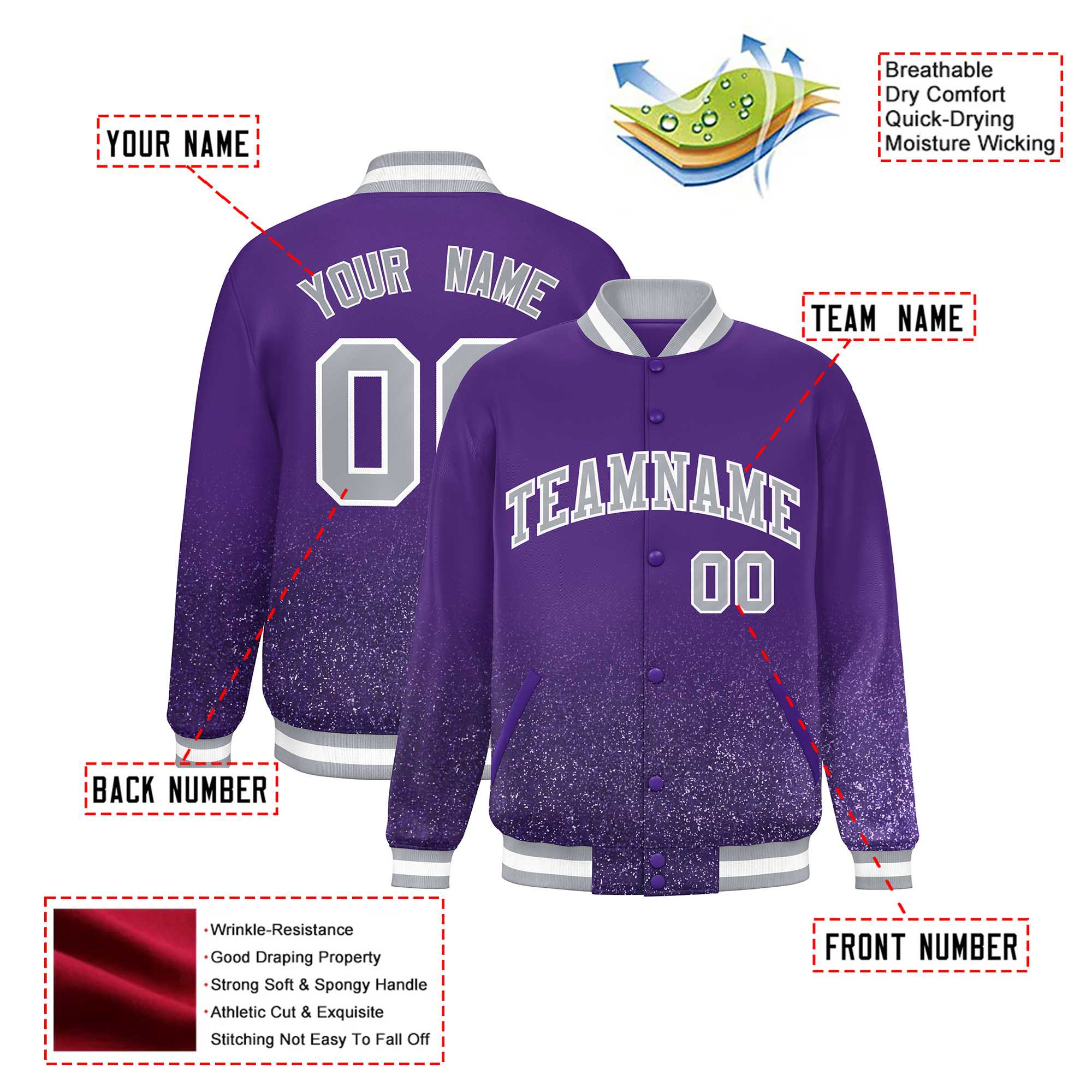 Custom Purple Varsity Full-Snap Sequins Pattern Letterman Baseball Jacket