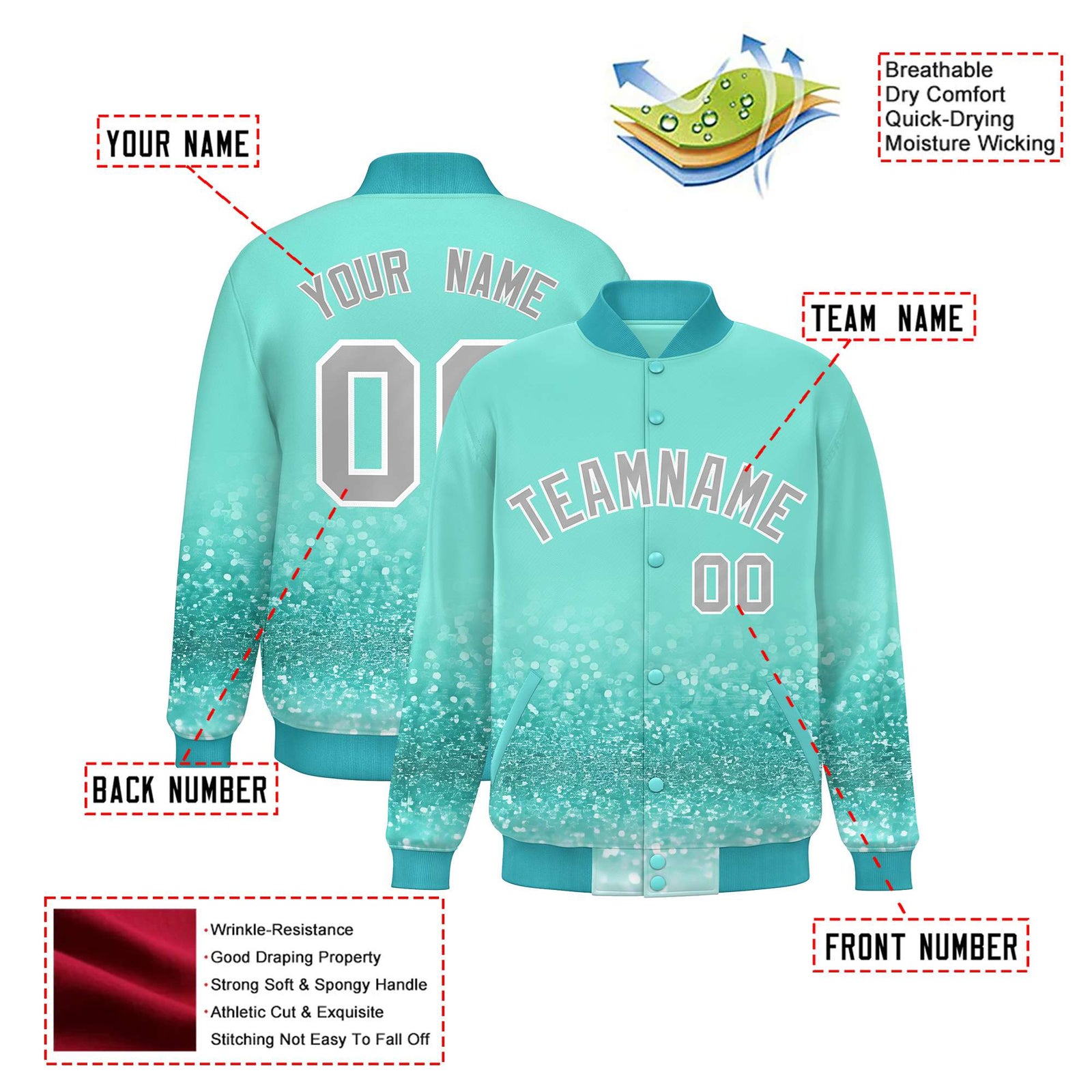 Custom Aqua Varsity Full-Snap Sequins Pattern Letterman Baseball Jacket