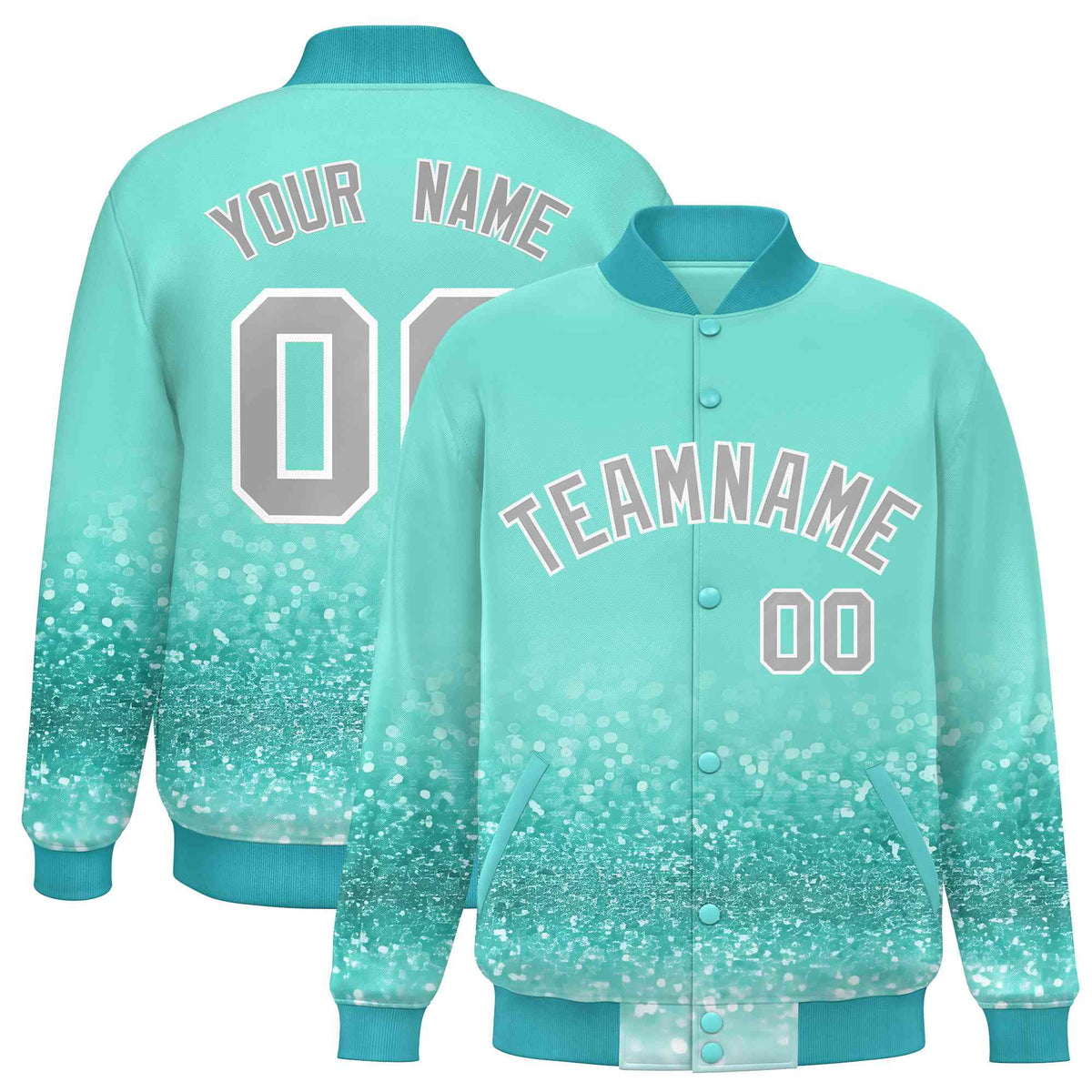 Custom Aqua Varsity Full-Snap Sequins Pattern Letterman Baseball Jacket