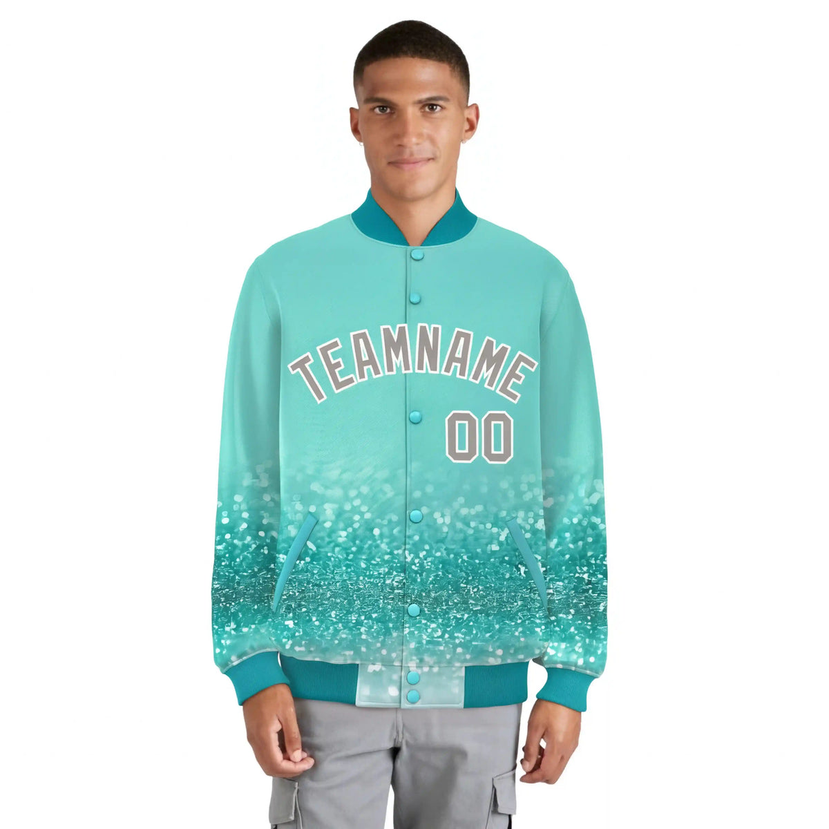Custom Aqua Varsity Full-Snap Sequins Pattern Letterman Baseball Jacket