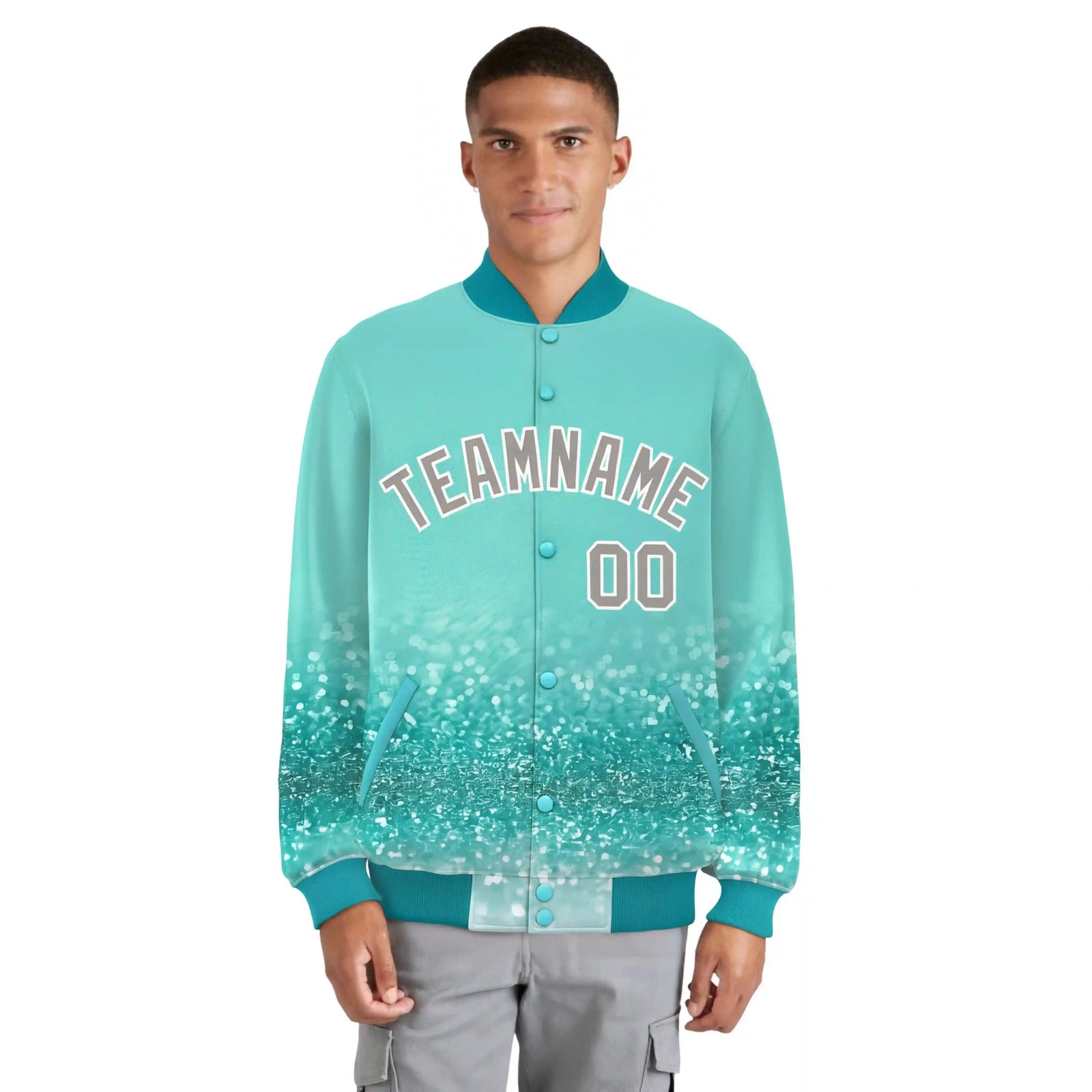 Custom Aqua Varsity Full-Snap Sequins Pattern Letterman Baseball Jacket