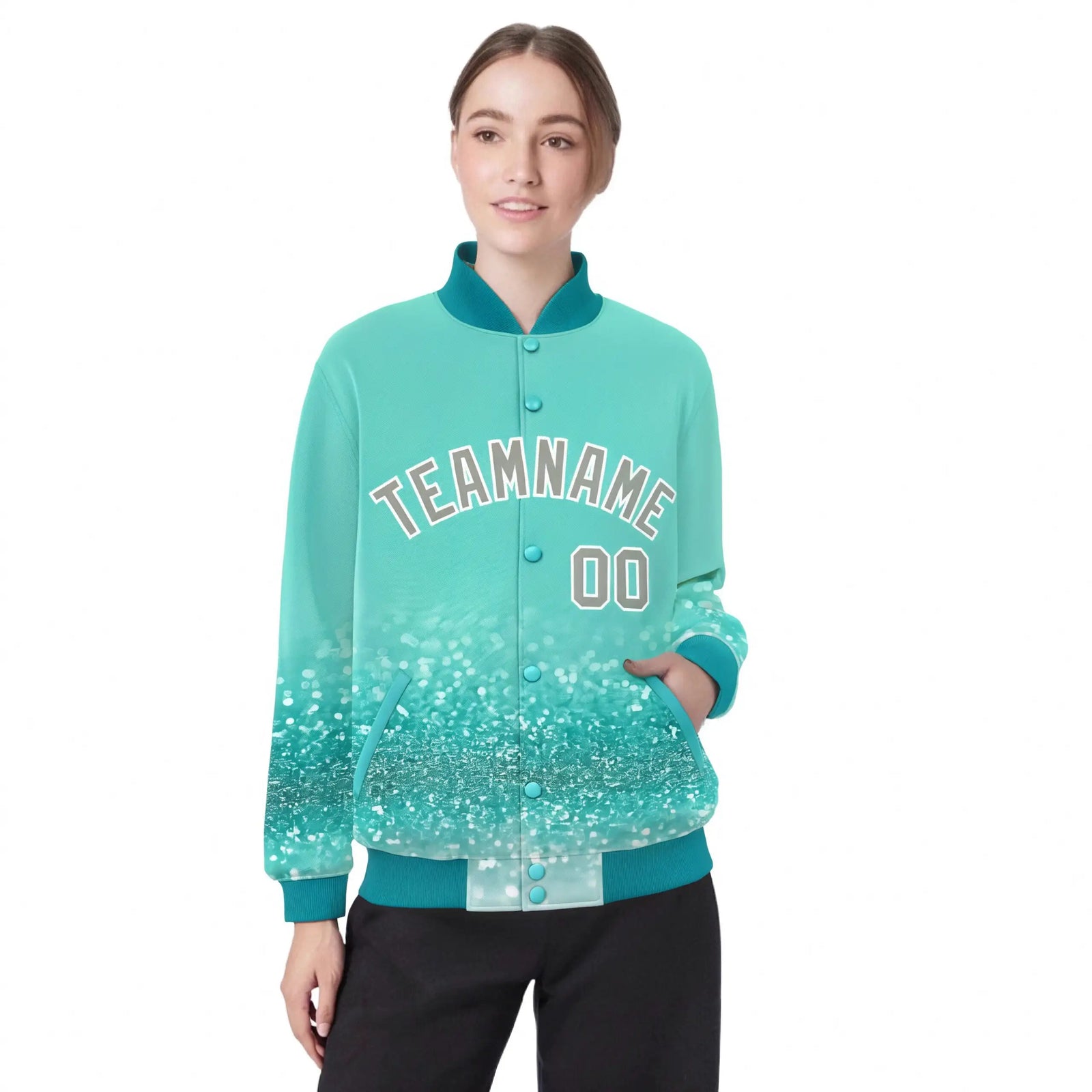 Custom Aqua Varsity Full-Snap Sequins Pattern Letterman Baseball Jacket