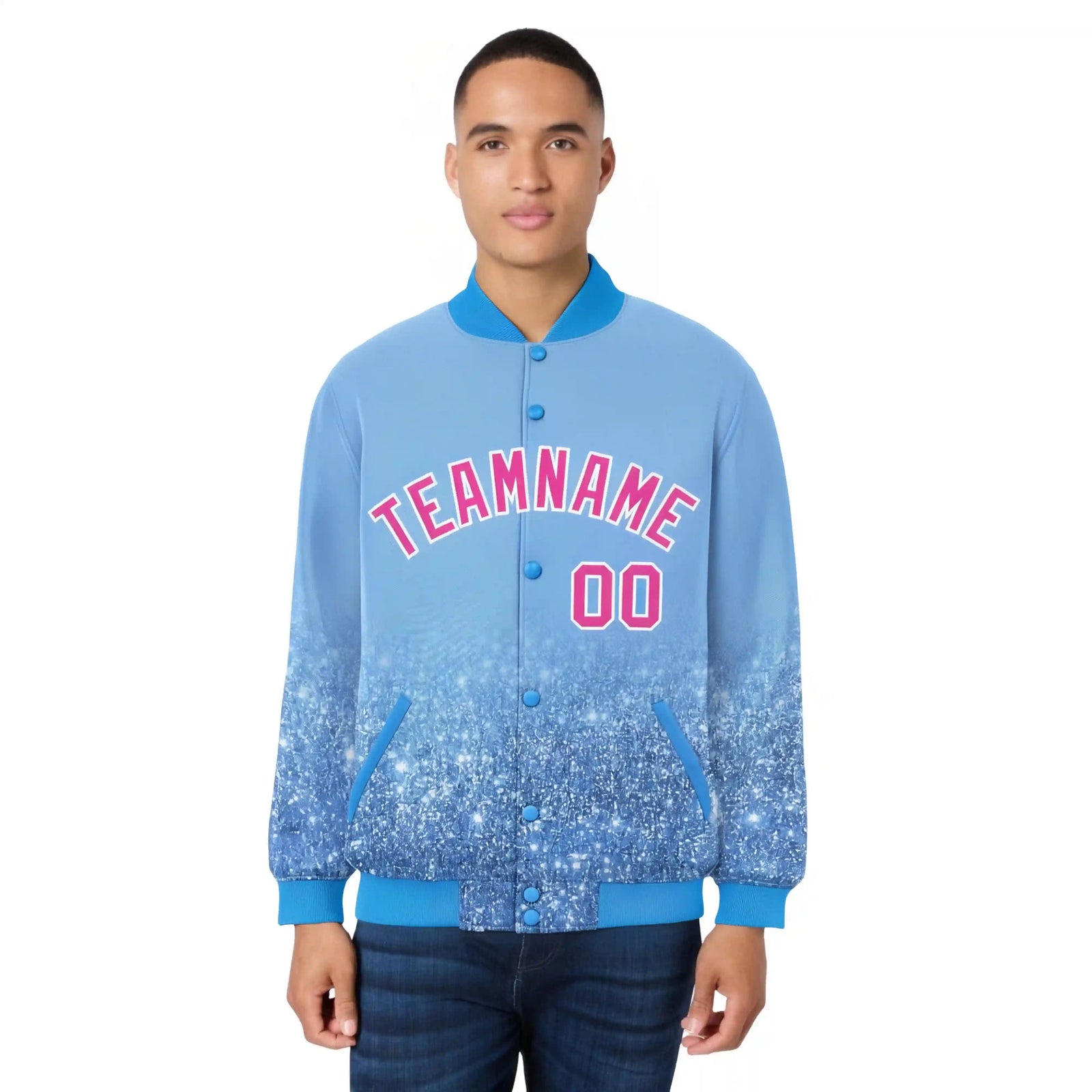 Custom Powder Blue Varsity Full-Snap Sequins Pattern Letterman Baseball Jacket