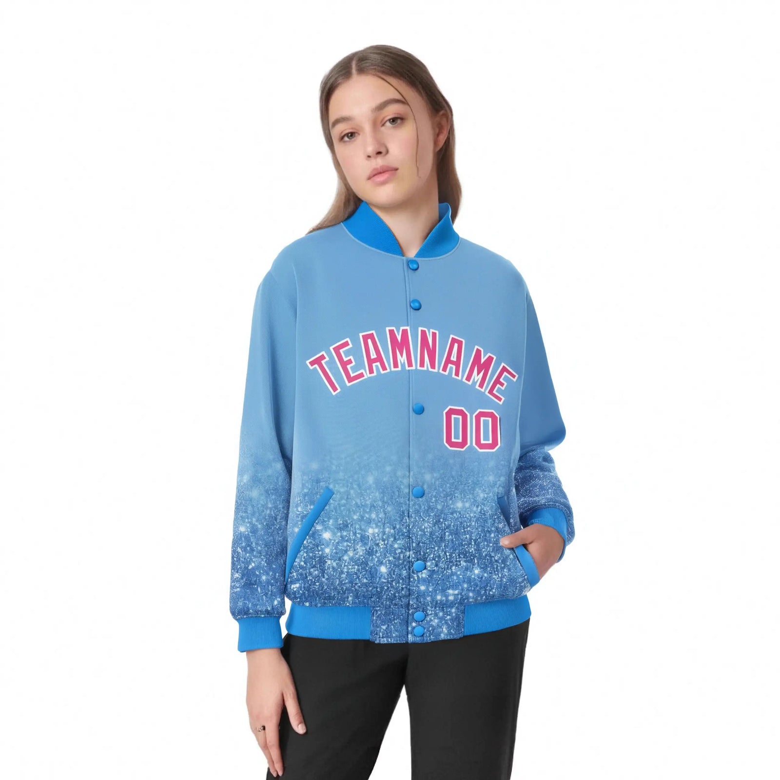 Custom Powder Blue Varsity Full-Snap Sequins Pattern Letterman Baseball Jacket