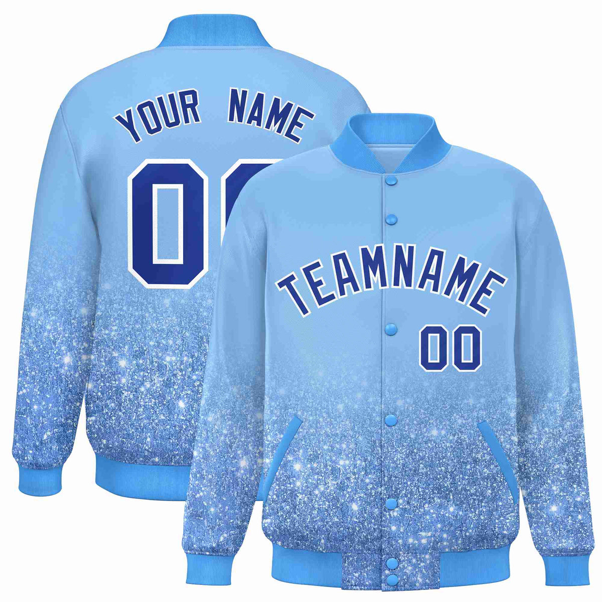 Custom Powder Blue Varsity Full-Snap Sequins Pattern Letterman Baseball Jacket