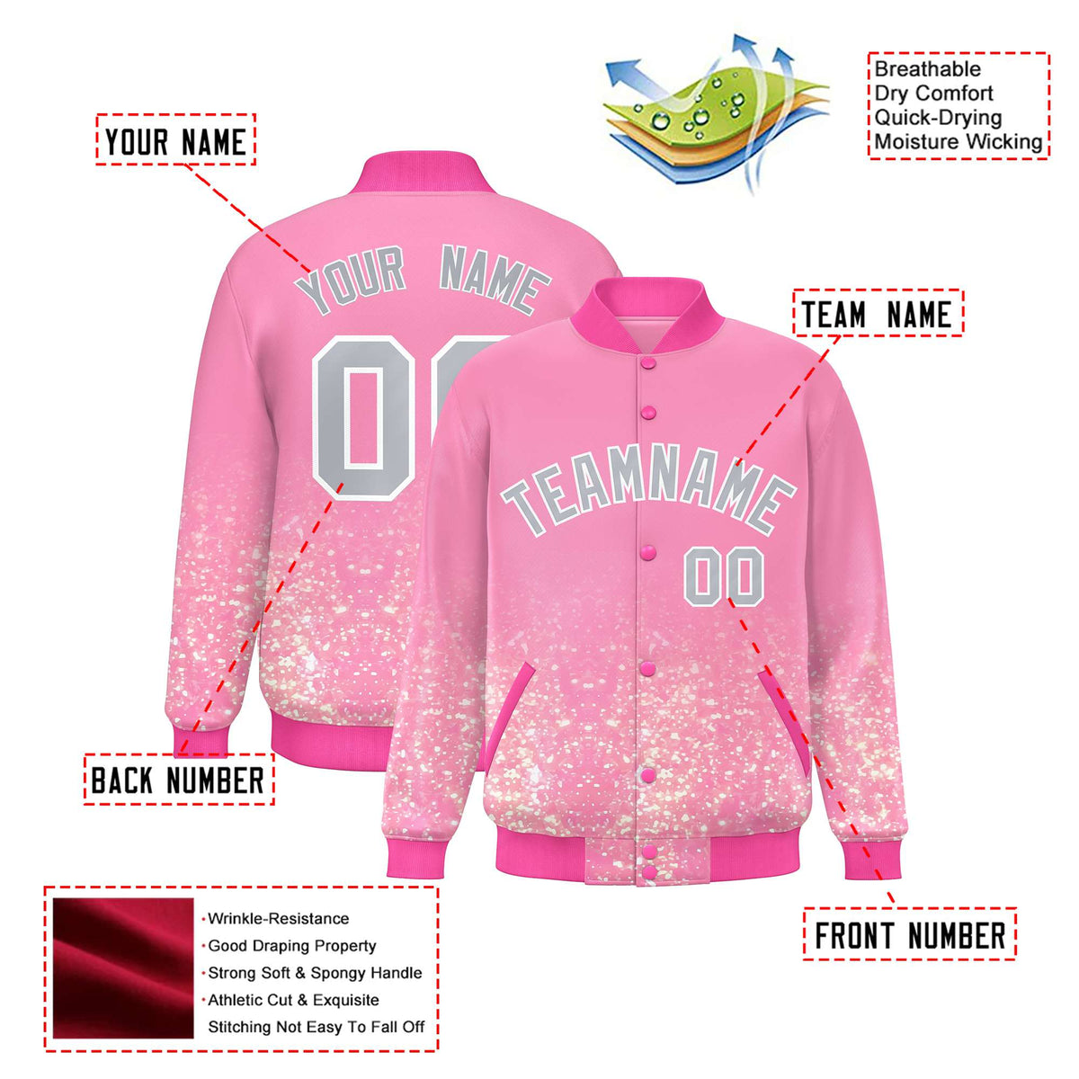 Custom Light Pink Varsity Full-Snap Sequins Pattern Letterman Baseball Jacket