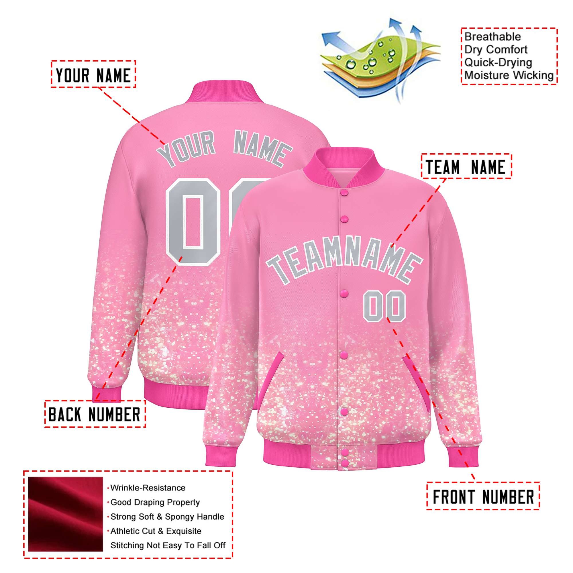 Custom Light Pink Varsity Full-Snap Sequins Pattern Letterman Baseball Jacket