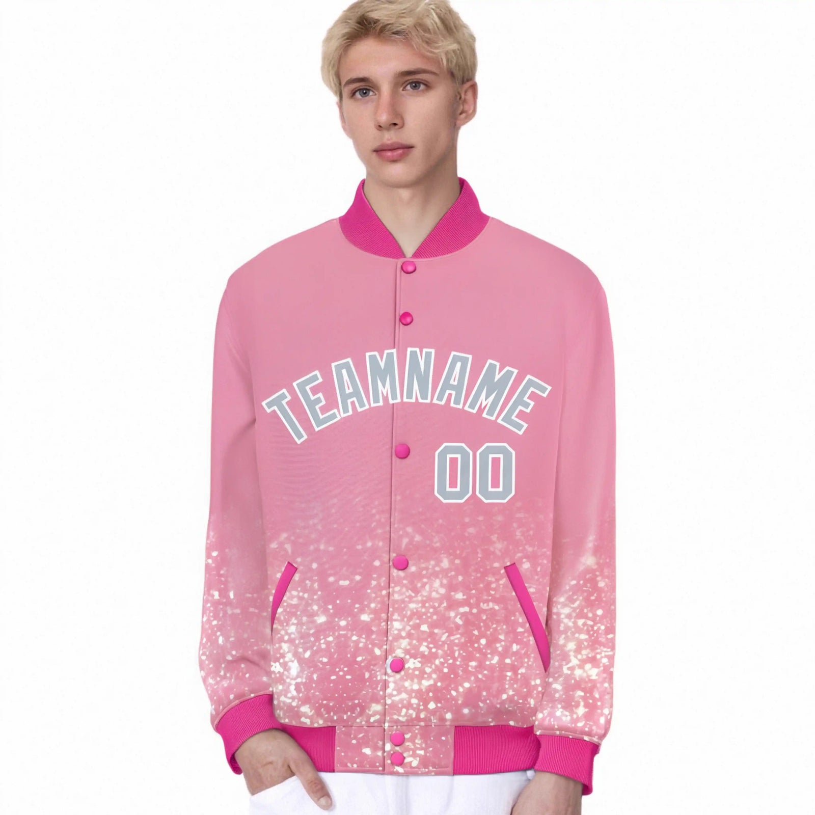 Custom Light Pink Varsity Full-Snap Sequins Pattern Letterman Baseball Jacket