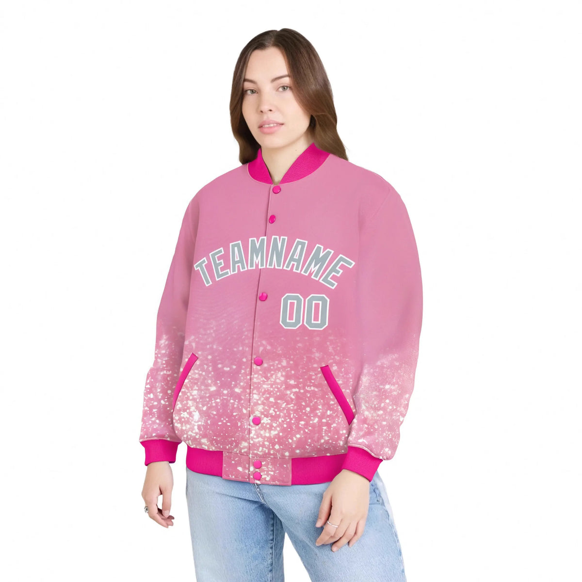 Custom Light Pink Varsity Full-Snap Sequins Pattern Letterman Baseball Jacket