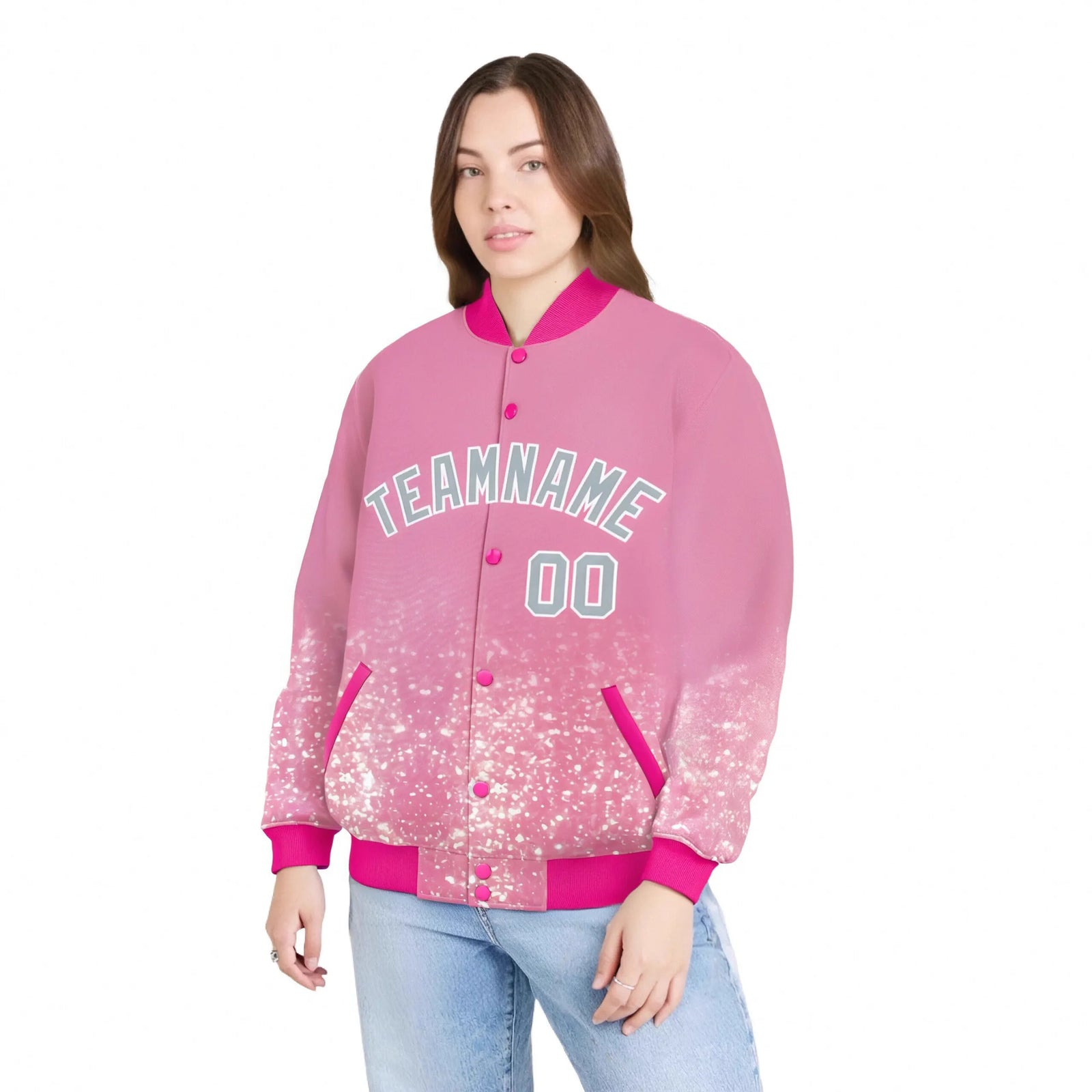 Custom Light Pink Varsity Full-Snap Sequins Pattern Letterman Baseball Jacket