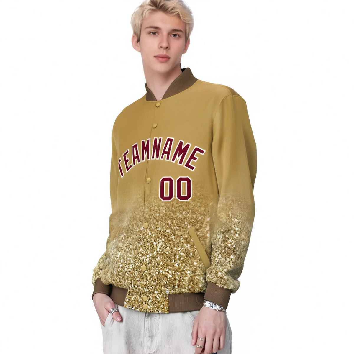 Custom Old-Gold Varsity Full-Snap Sequins Pattern Letterman Baseball Jacket