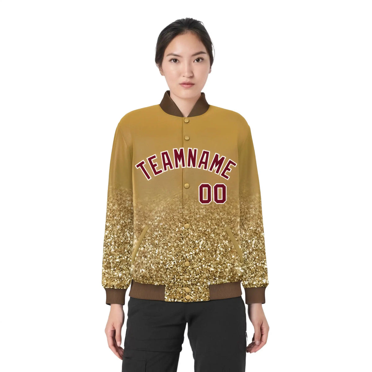 Custom Old-Gold Varsity Full-Snap Sequins Pattern Letterman Baseball Jacket
