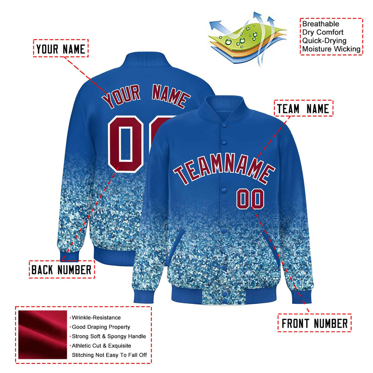 Custom Royal Blue Varsity Full-Snap Sequins Pattern Letterman Baseball Jacket