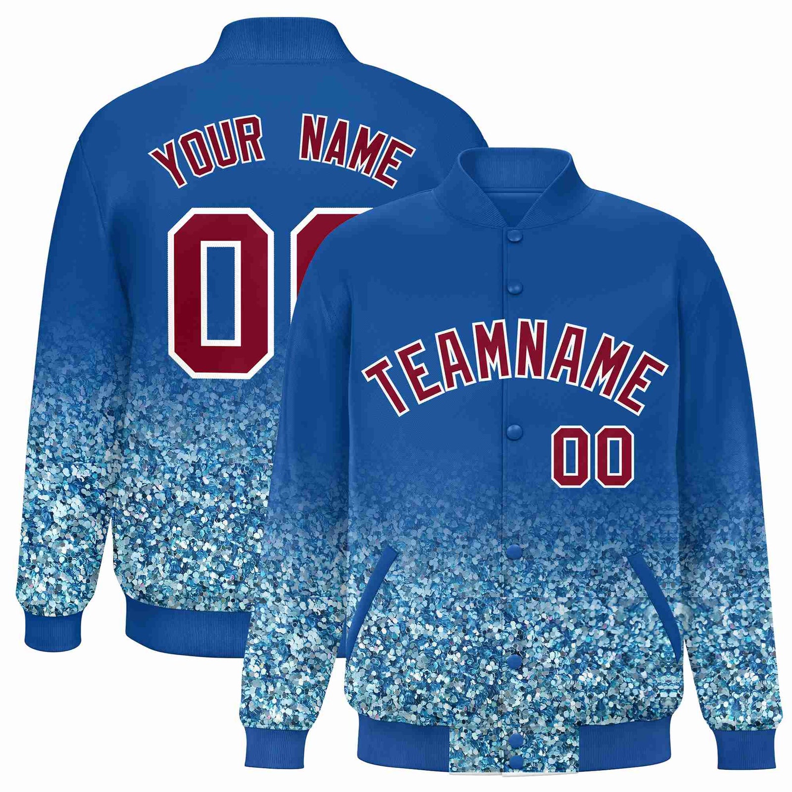 Custom Royal Blue Varsity Full-Snap Sequins Pattern Letterman Baseball Jacket
