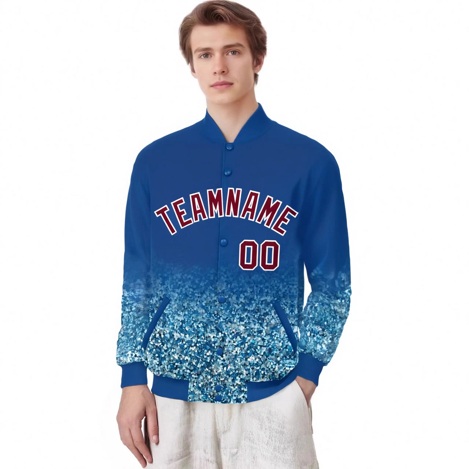 Custom Royal Blue Varsity Full-Snap Sequins Pattern Letterman Baseball Jacket