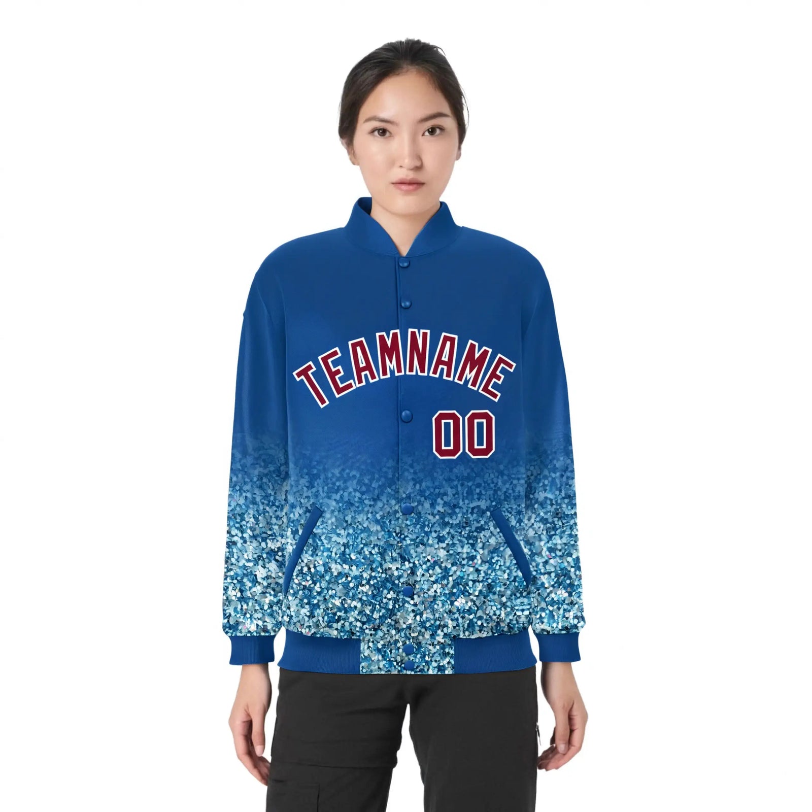 Custom Royal Blue Varsity Full-Snap Sequins Pattern Letterman Baseball Jacket