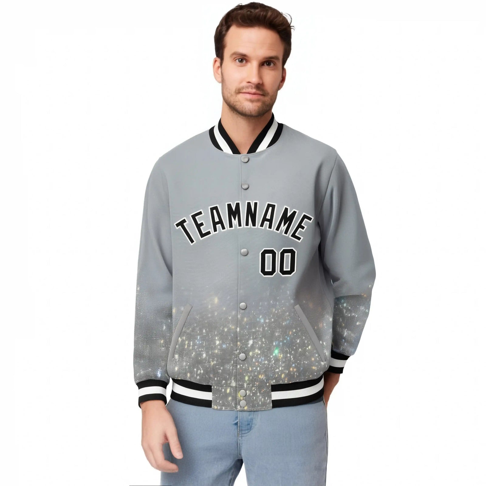 Custom Gray Varsity Full-Snap Sequins Pattern Letterman Baseball Jacket
