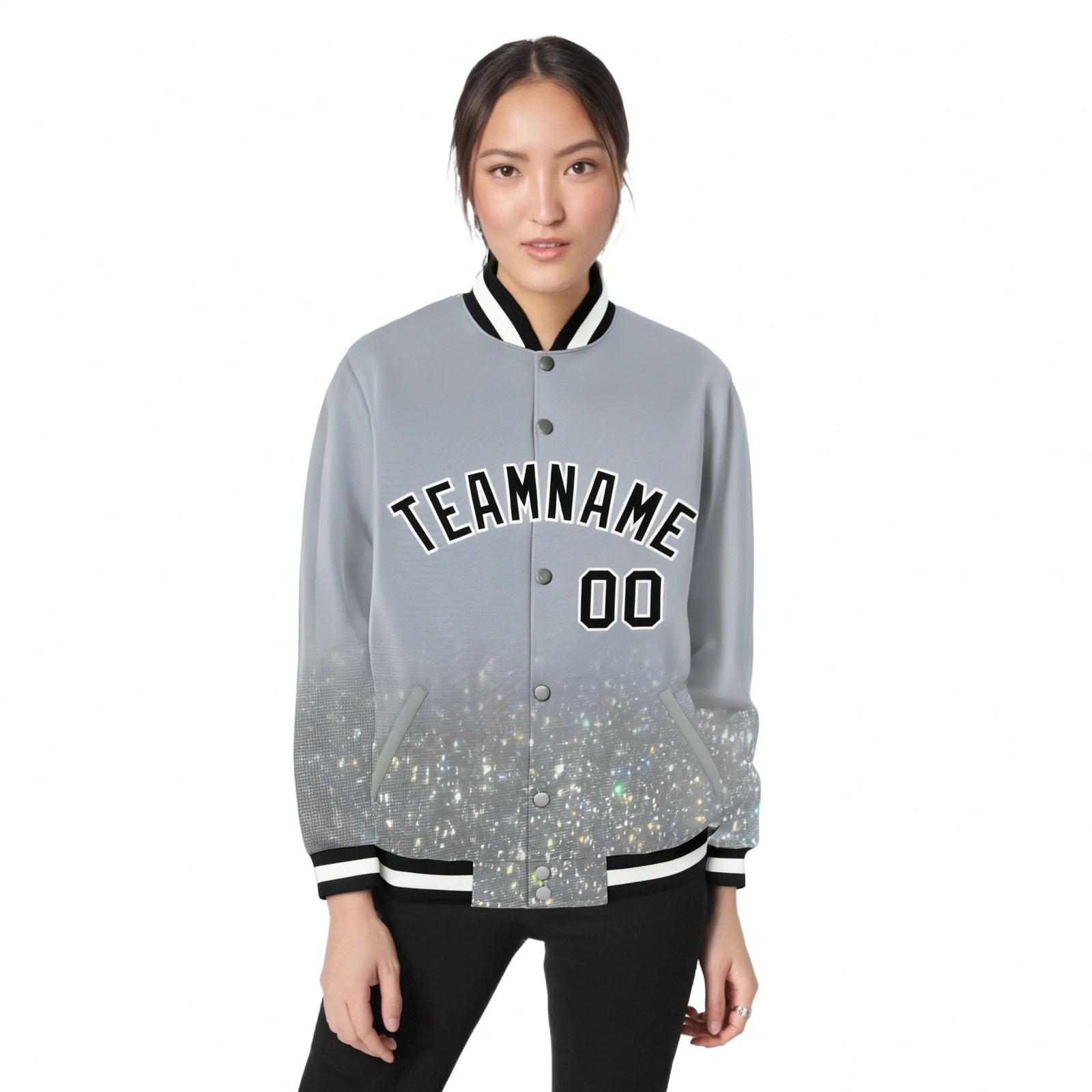Custom Gray Varsity Full-Snap Sequins Pattern Letterman Baseball Jacket