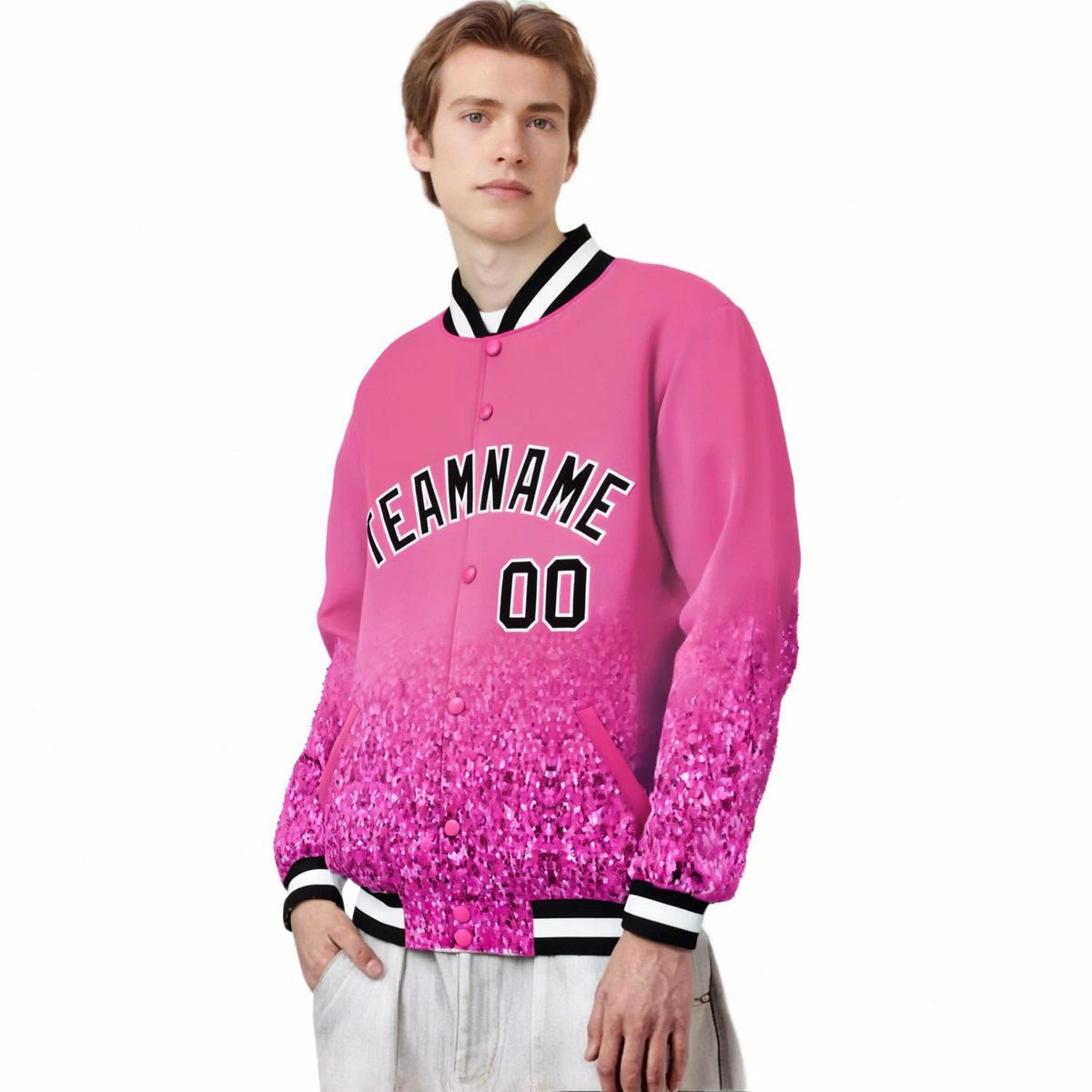 Custom Pink Varsity Full-Snap Sequins Pattern Letterman Baseball Jacket