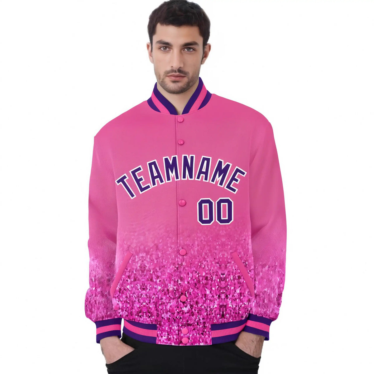Custom Pink Varsity Full-Snap Sequins Pattern Letterman Baseball Jacket