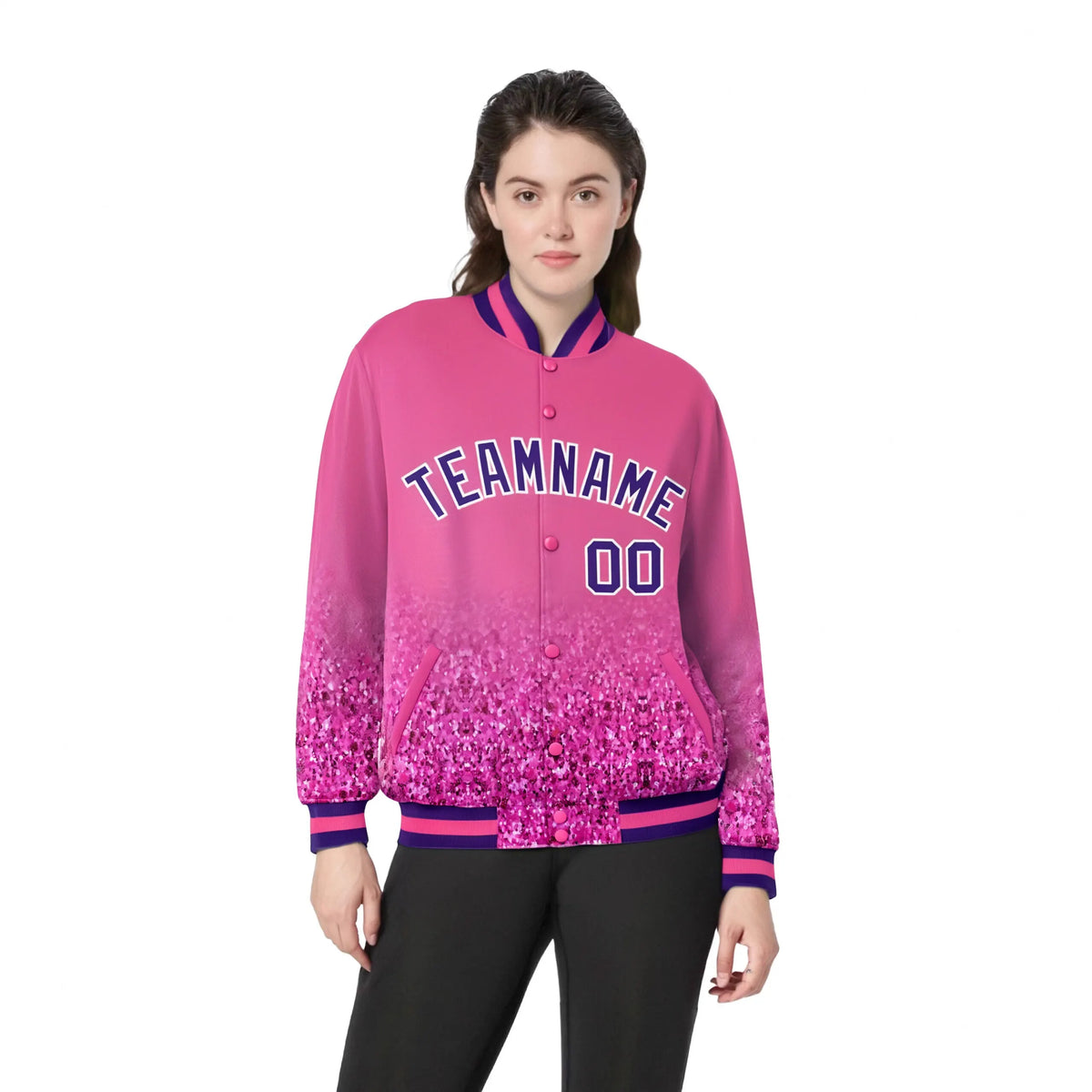 Custom Pink Varsity Full-Snap Sequins Pattern Letterman Baseball Jacket