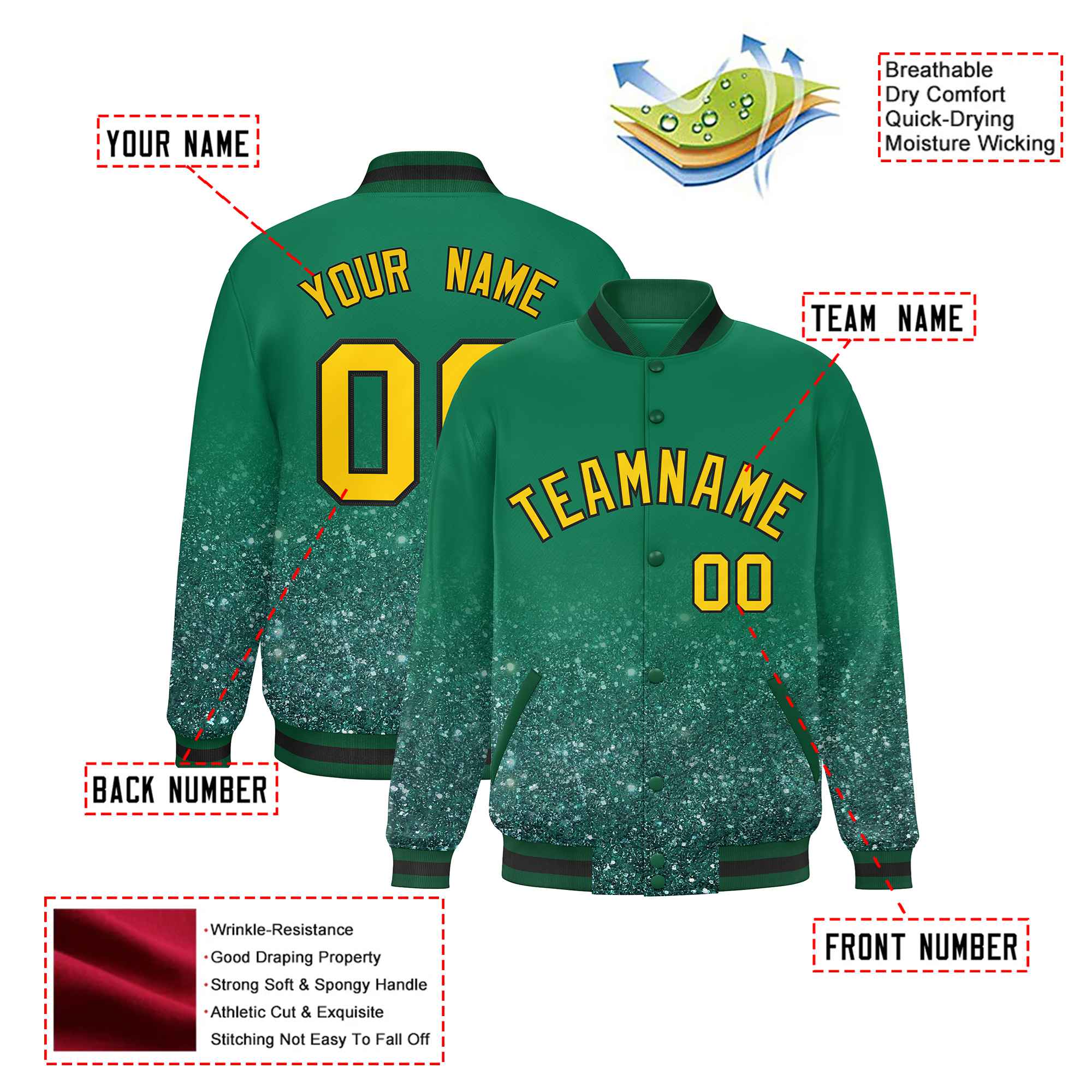 Custom Kelly Green Varsity Full-Snap Sequins Pattern Letterman Baseball Jacket