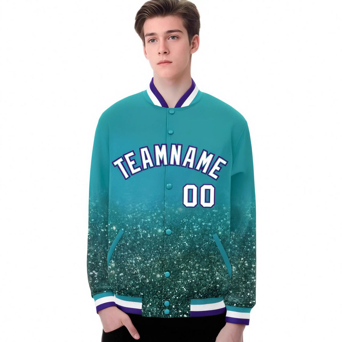 Custom Aqua Varsity Full-Snap Sequins Pattern Letterman Baseball Jacket