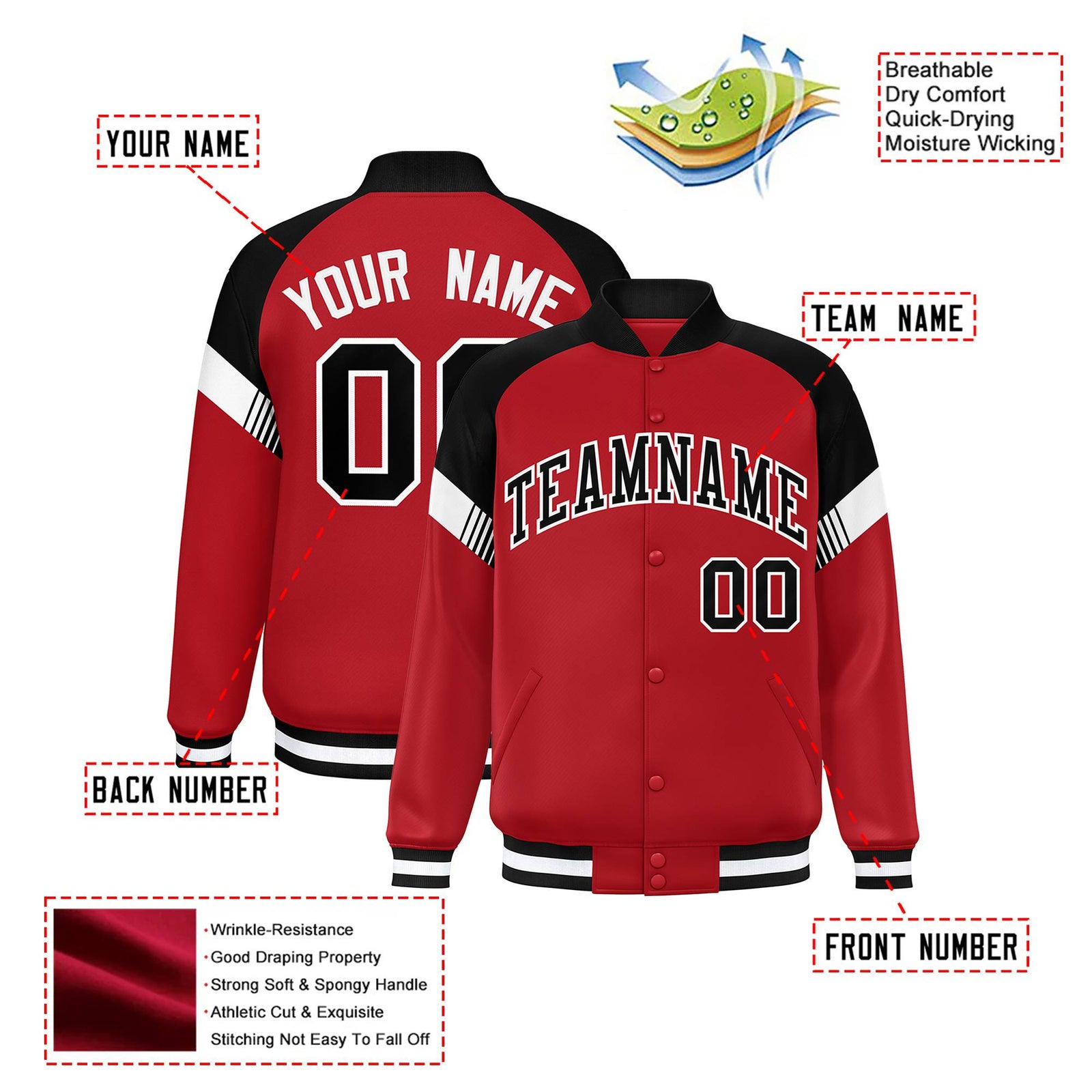 Custom Red Black-White Varsity Full-Snap Color Block Letterman Jacket