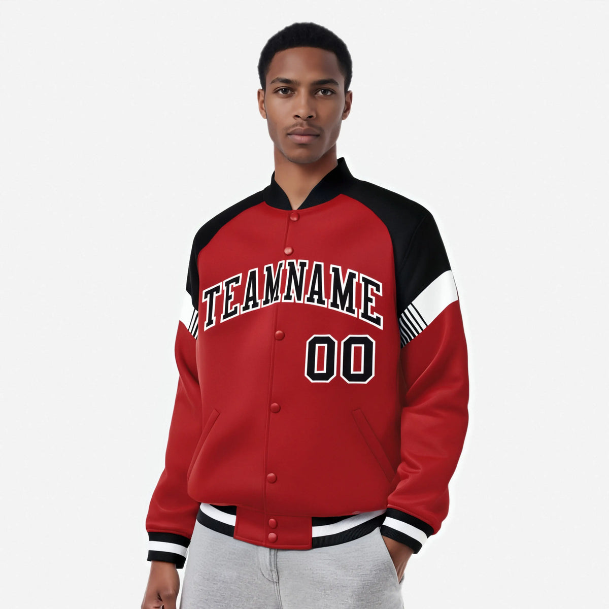 Custom Red Black-White Varsity Full-Snap Color Block Letterman Jacket