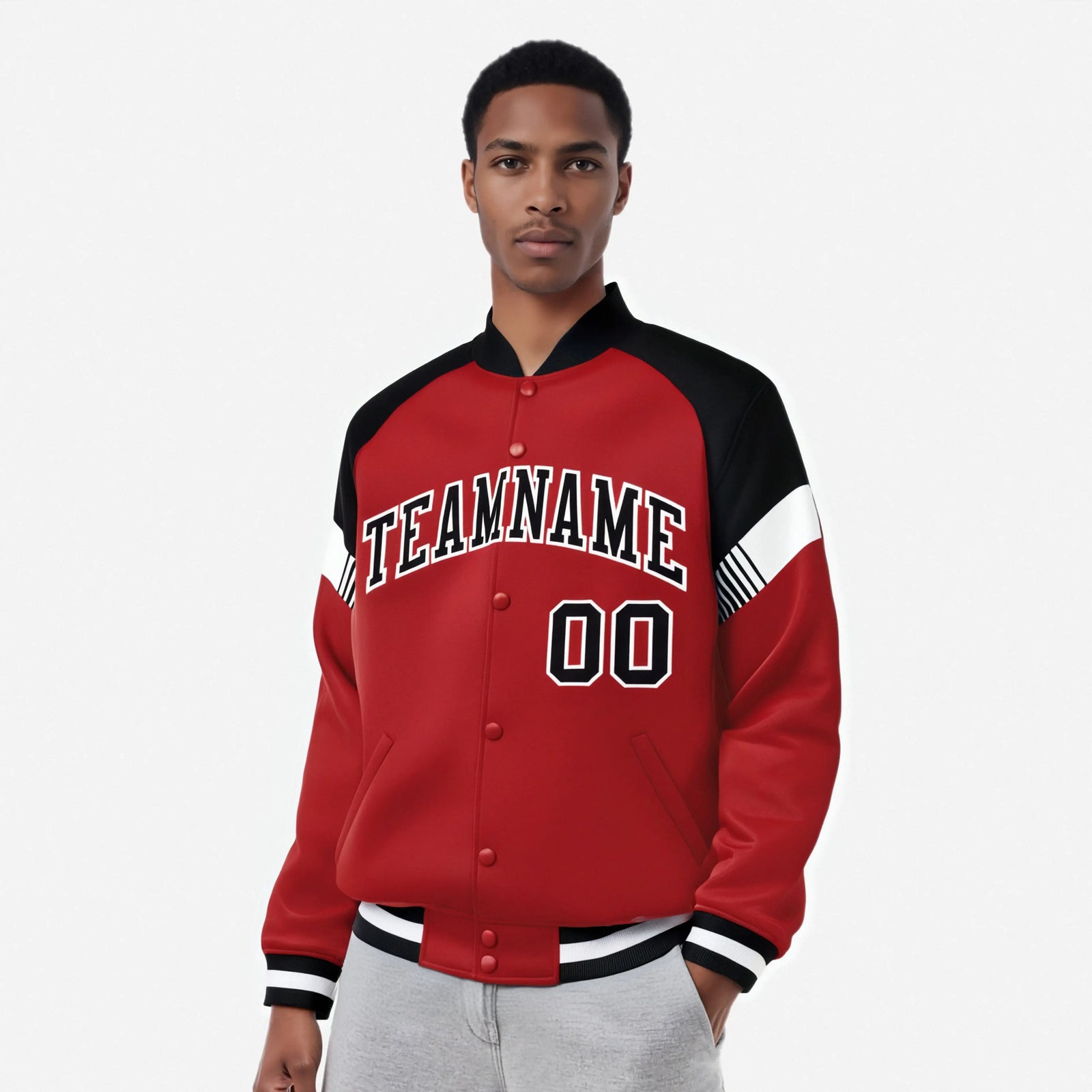 Custom Red Black-White Varsity Full-Snap Color Block Letterman Jacket