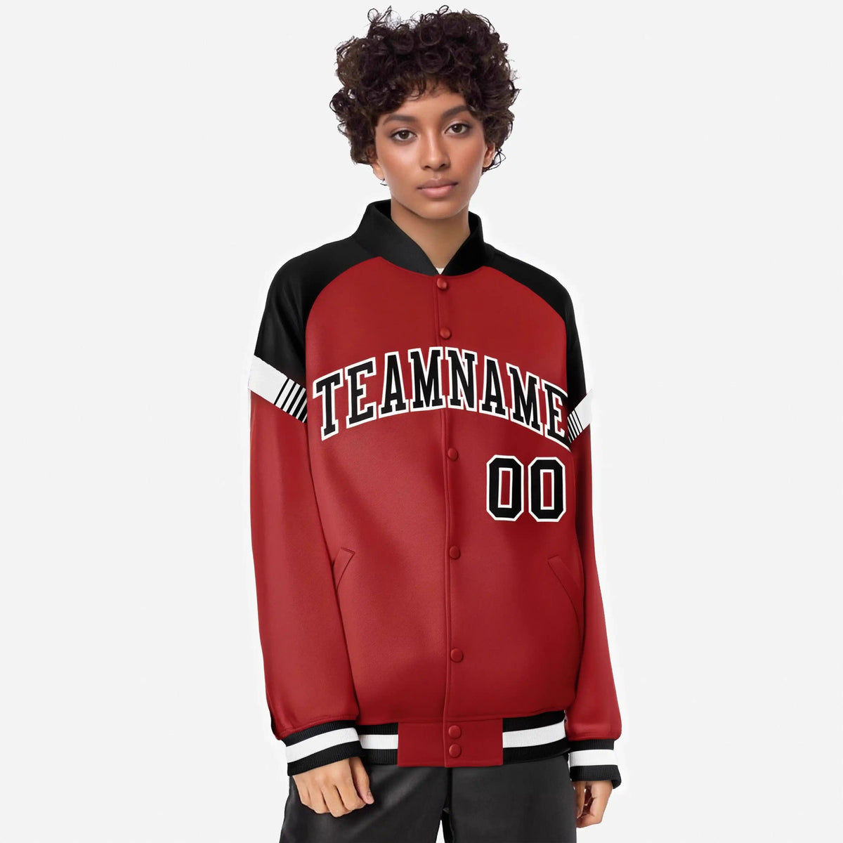 Custom Red Black-White Varsity Full-Snap Color Block Letterman Jacket