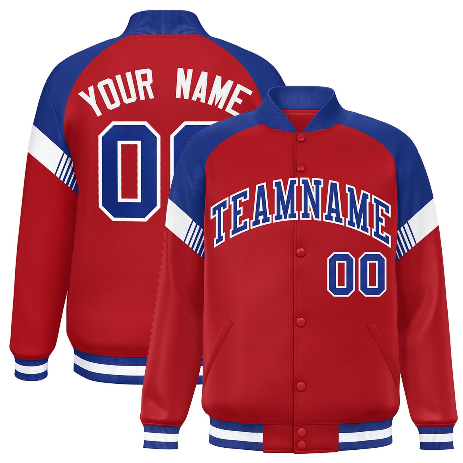 Custom Red Royal Blue-White Varsity Full-Snap Color Block Letterman Jacket
