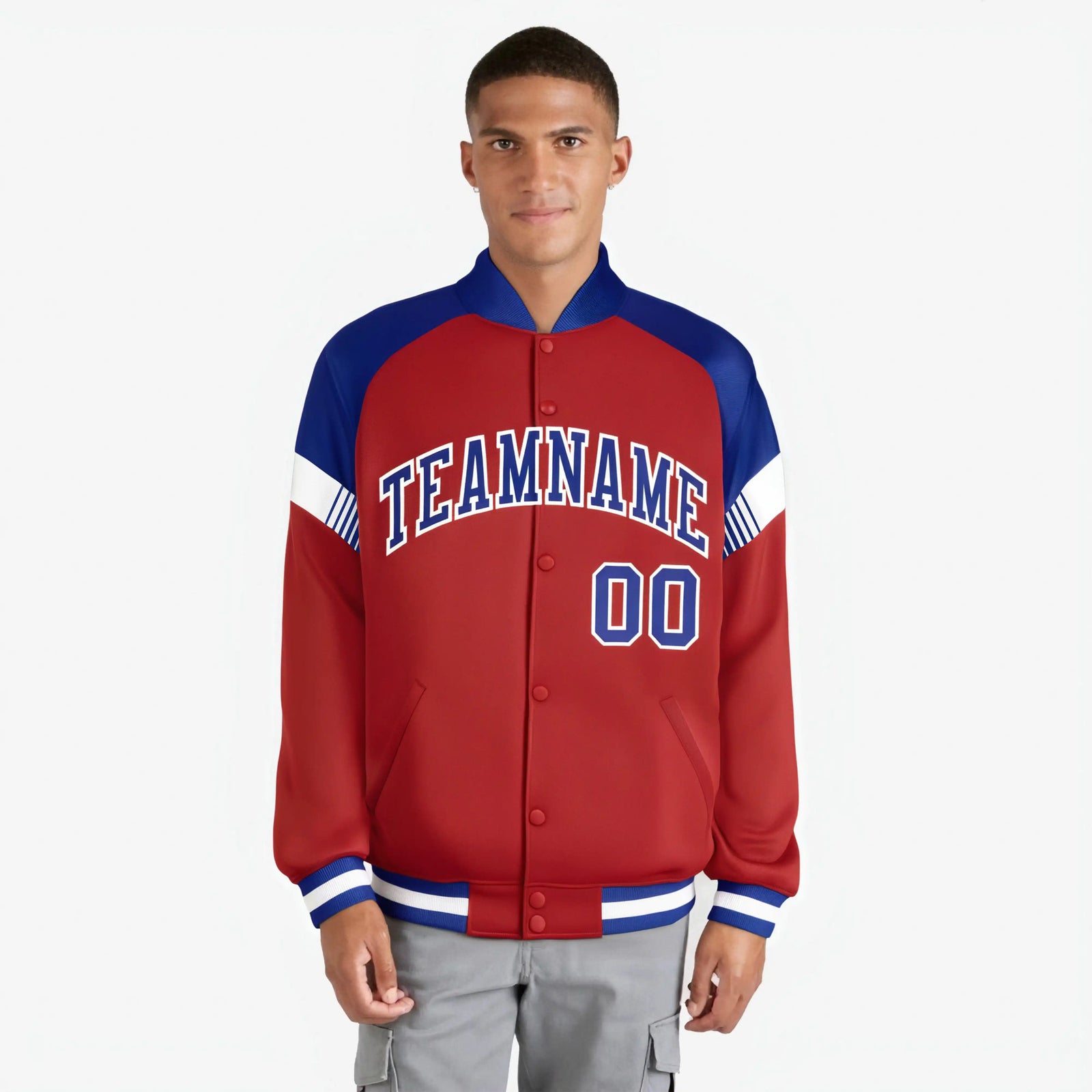Custom Red Royal Blue-White Varsity Full-Snap Color Block Letterman Jacket