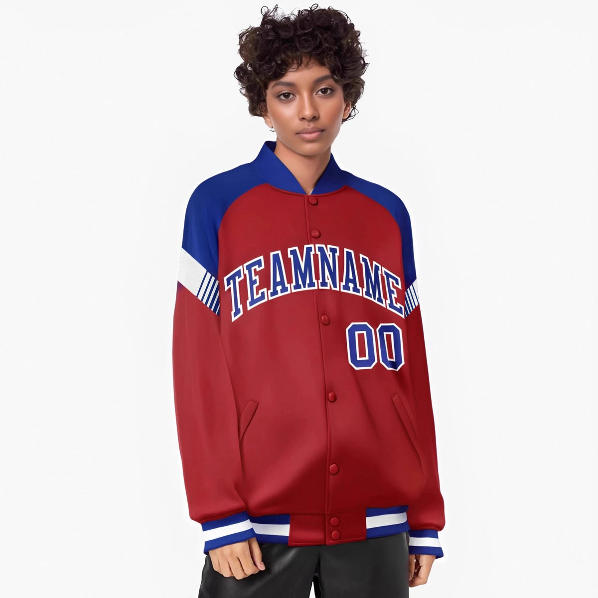 Custom Red Royal Blue-White Varsity Full-Snap Color Block Letterman Jacket