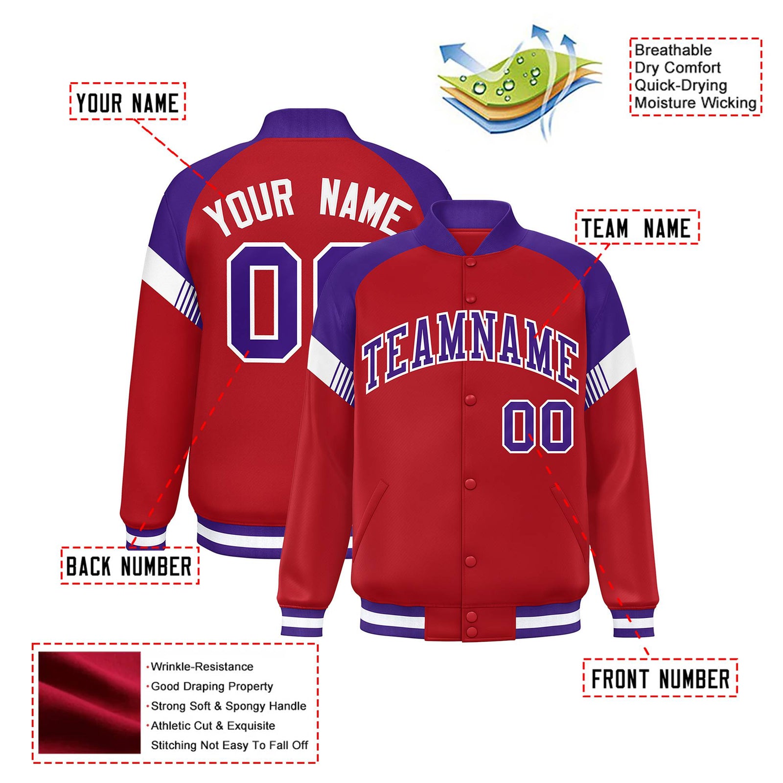 Custom Red Purple-White Varsity Full-Snap Color Block Letterman Jacket