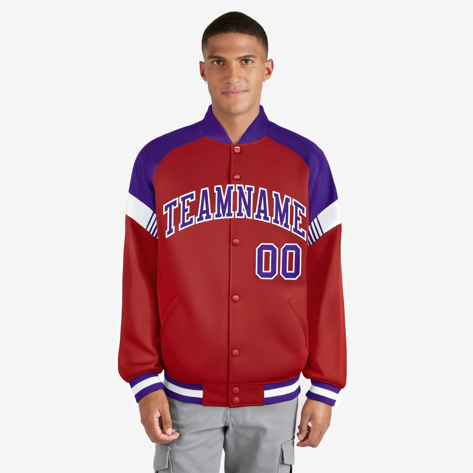 Custom Red Purple-White Varsity Full-Snap Color Block Letterman Jacket