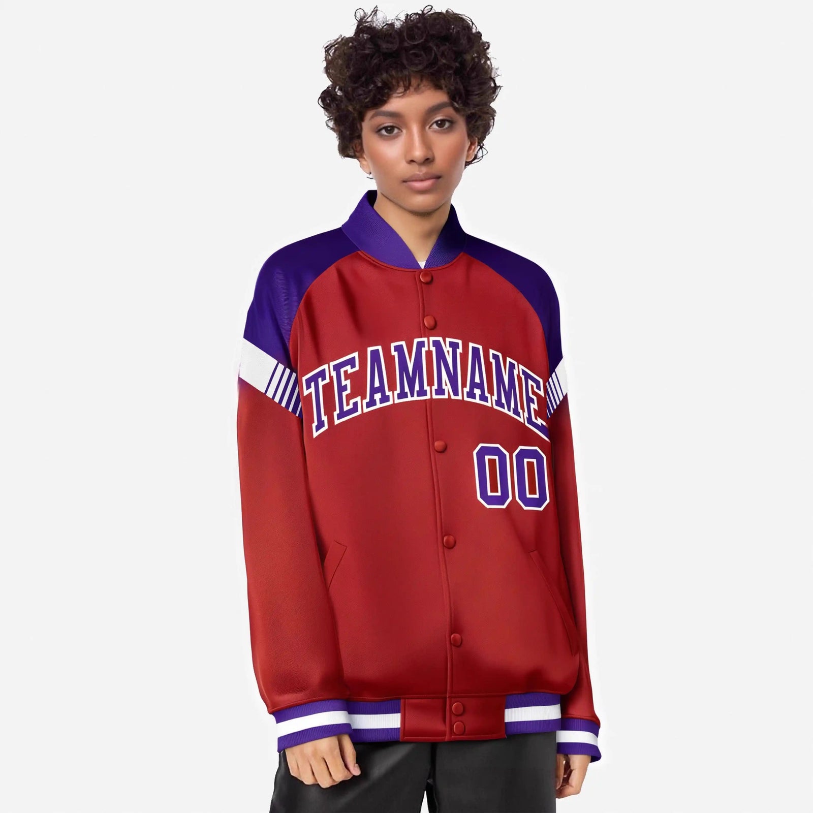 Custom Red Purple-White Varsity Full-Snap Color Block Letterman Jacket
