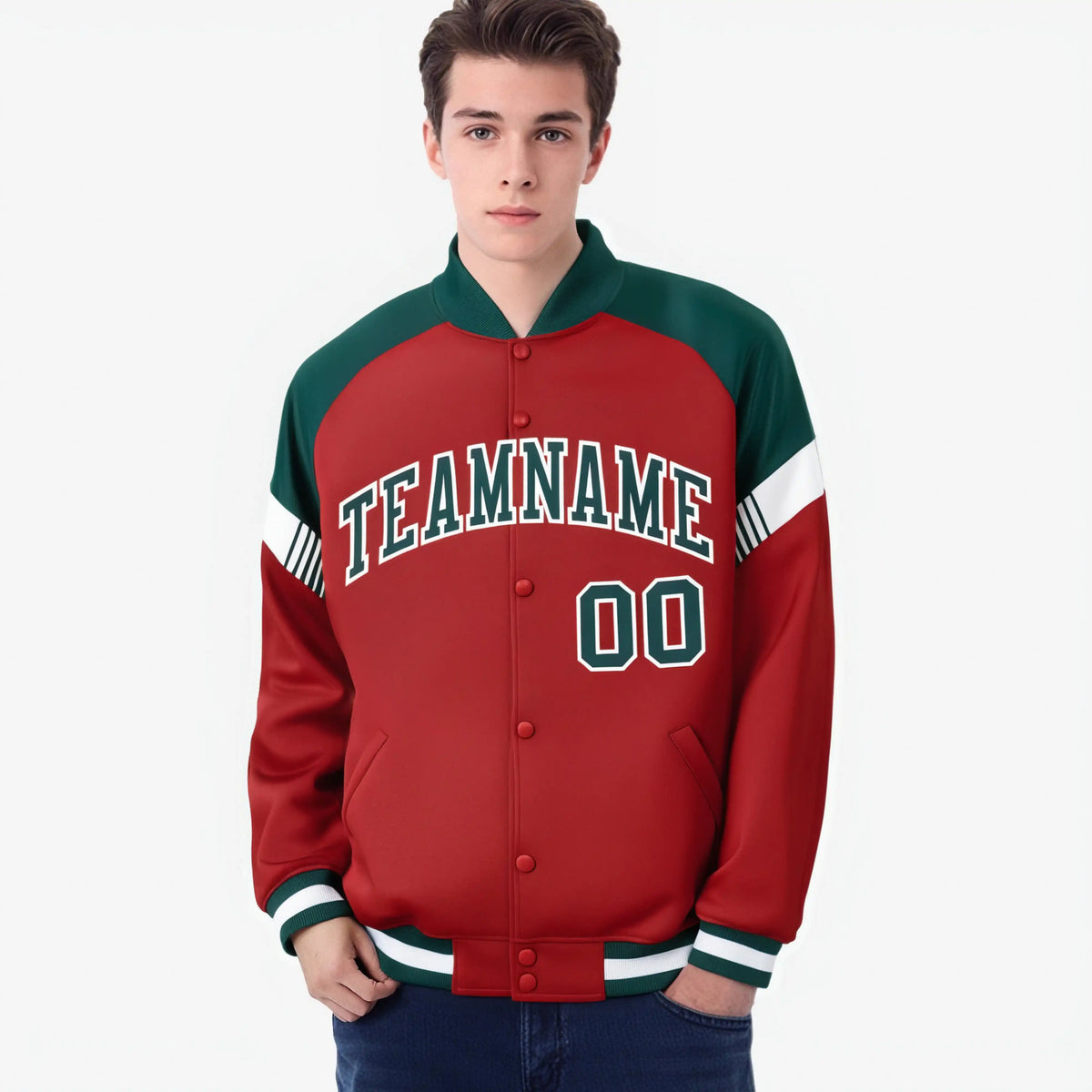 Custom Red Green-White Varsity Full-Snap Color Block Letterman Jacket