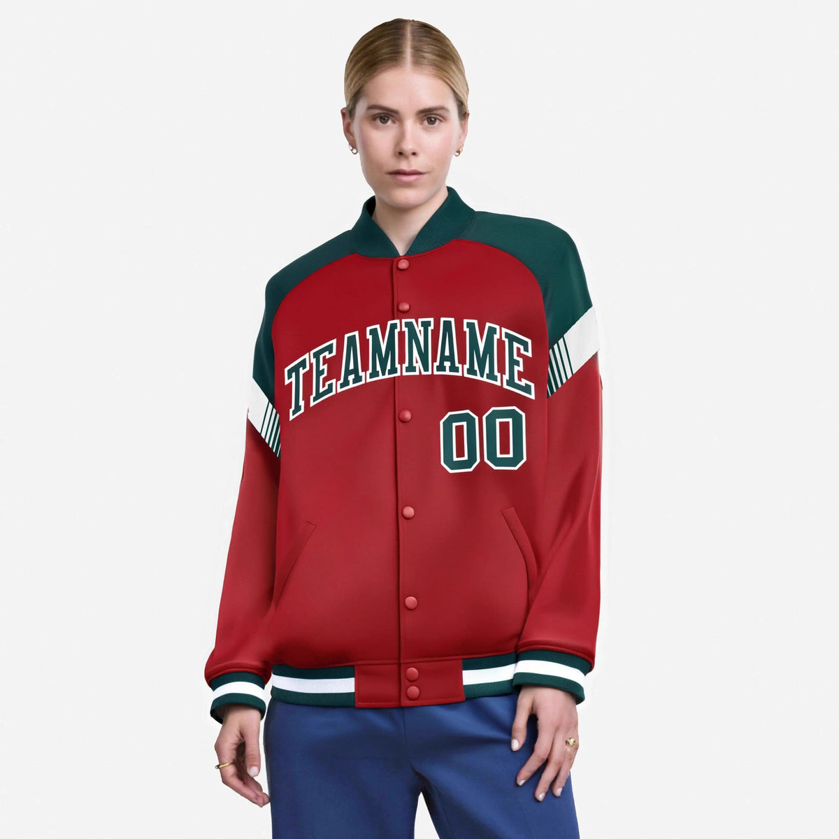 Custom Red Green-White Varsity Full-Snap Color Block Letterman Jacket