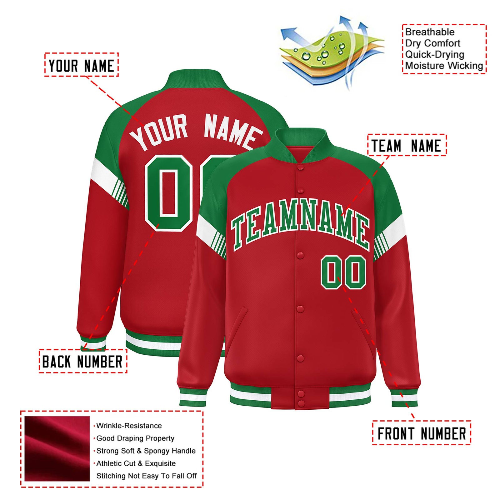 Custom Red Neon Green-White Varsity Full-Snap Color Block Letterman Jacket