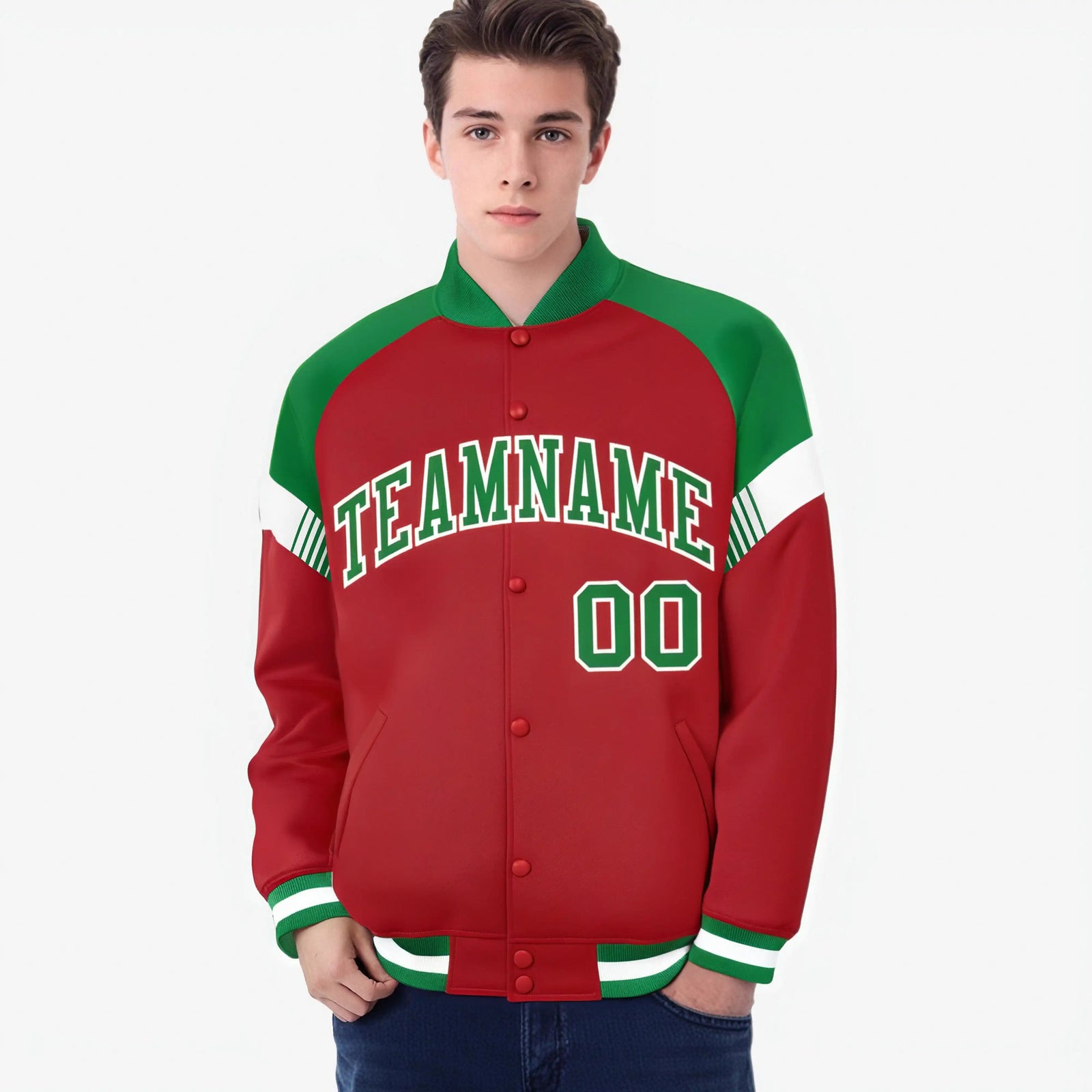 Custom Red Neon Green-White Varsity Full-Snap Color Block Letterman Jacket