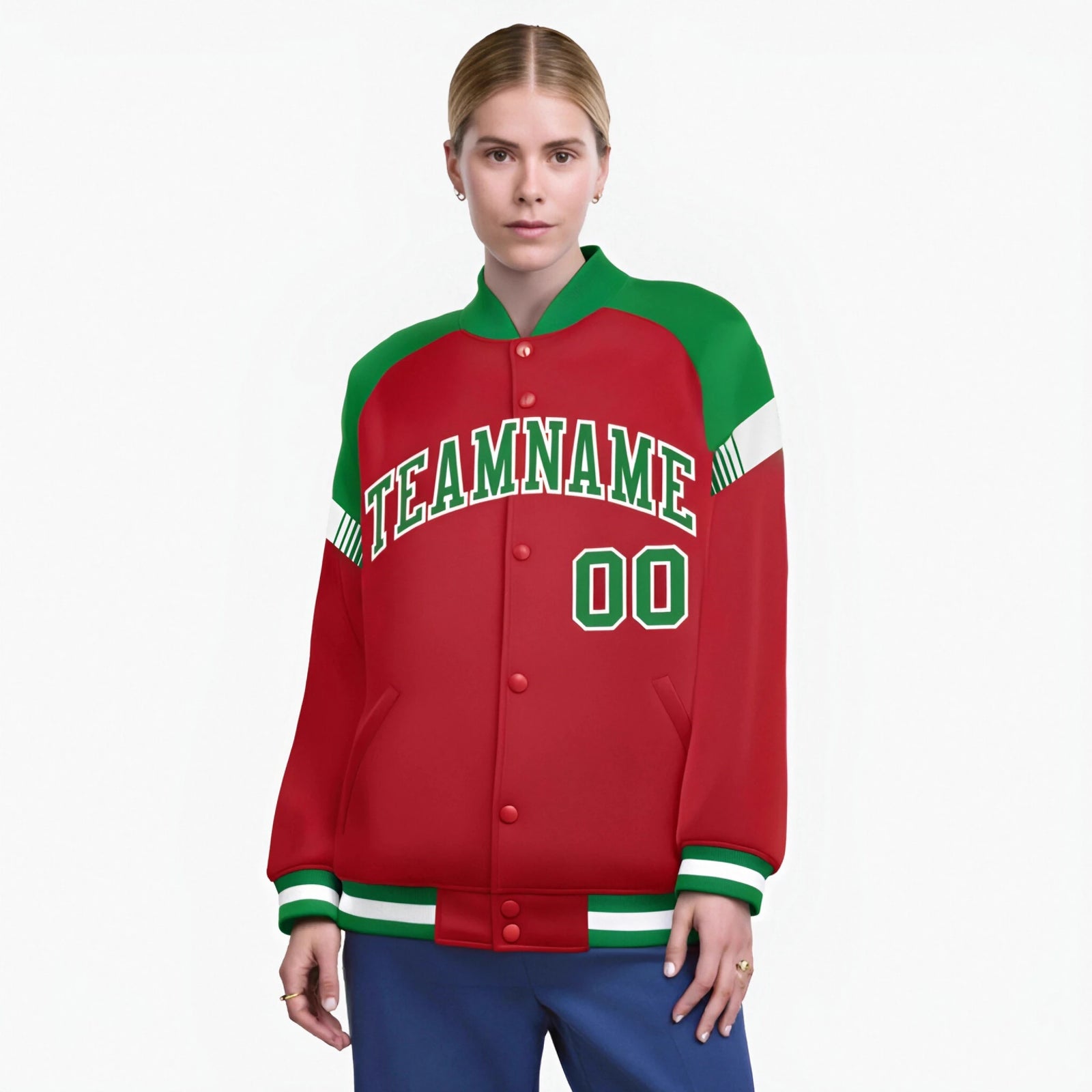 Custom Red Neon Green-White Varsity Full-Snap Color Block Letterman Jacket